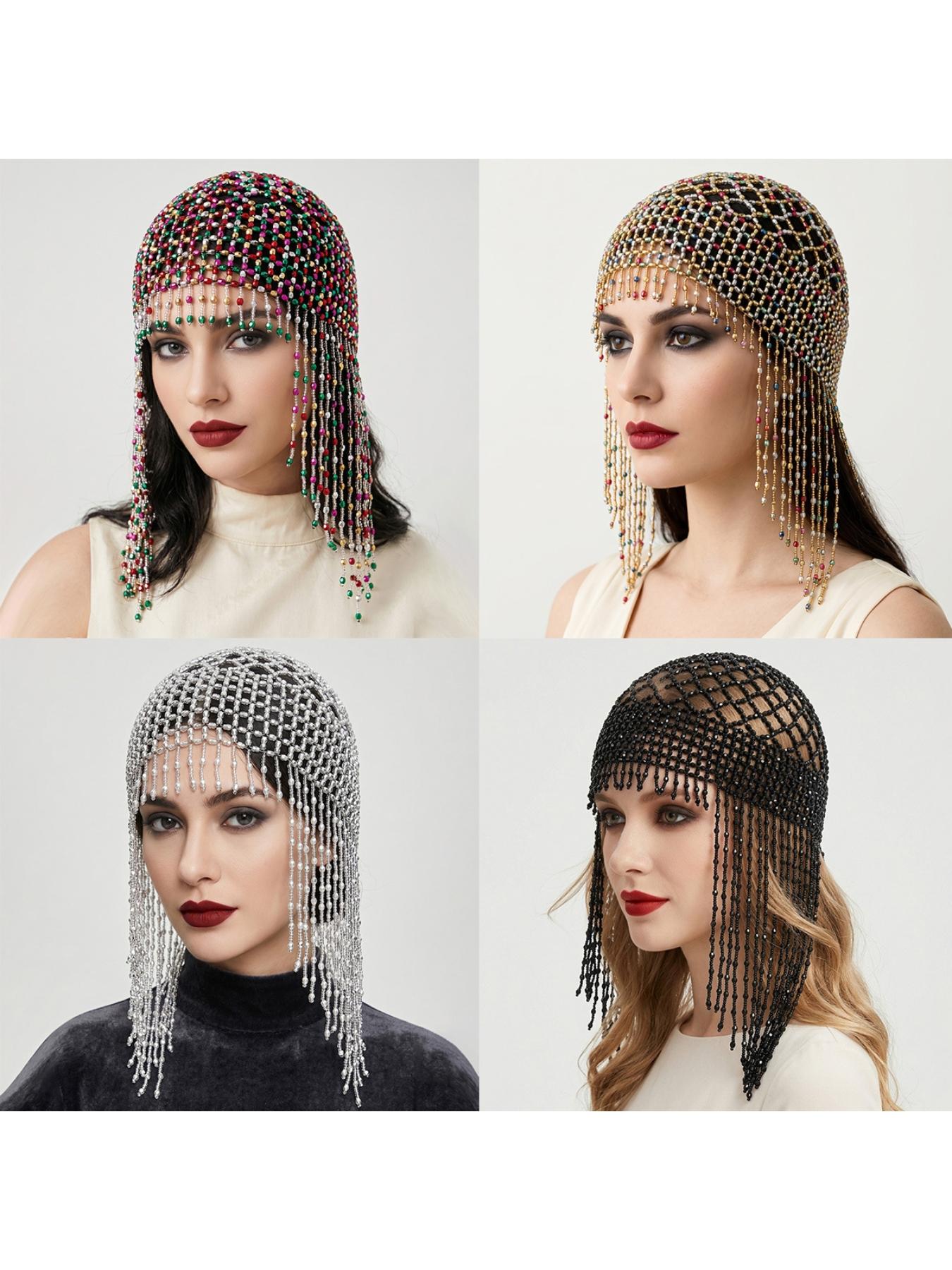 European and American retro beaded tassel hair chain hand-woven mesh hair cap bridal gown lace decorative hairnet Bridal Hairpiece Vintage Hair Accessories Bridal Headpiece Wedding Hair Accessories