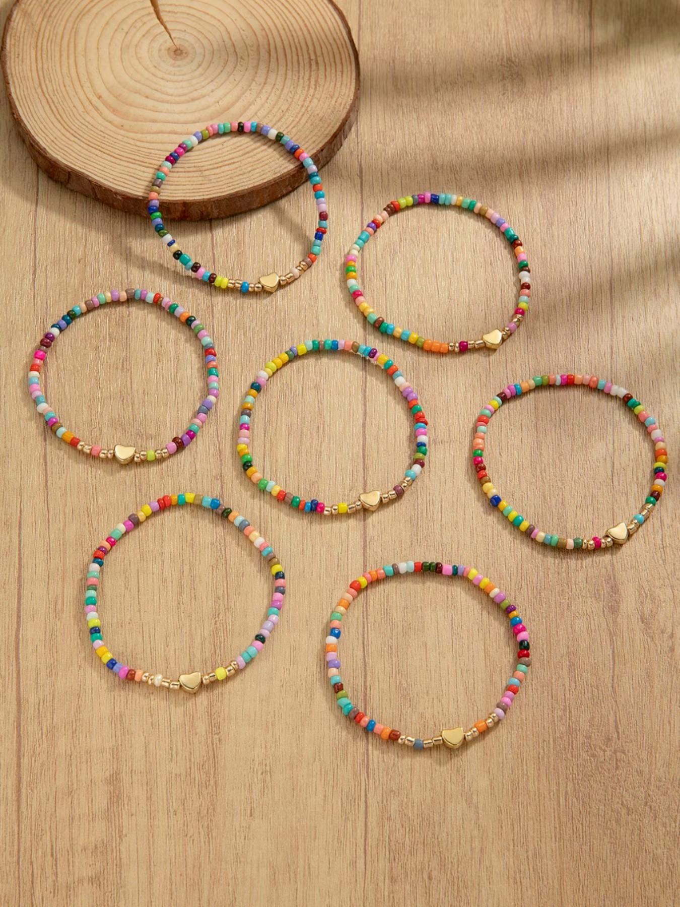 Colorful Rainbow Beaded Bracelet Set with Gold Heart Charm | Y2K Aesthetic Stackable Bracelets for Women | Summer Beach Friendship Jewelry Gift