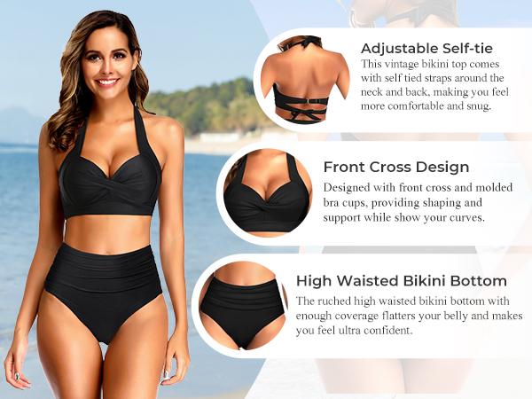 Tempt Me Women Two Piece Vintage Swimsuit Retro Halter Ruched High Waist Bikini Set with Bottom Tummy Control High Cut Leg Bikini Bottom