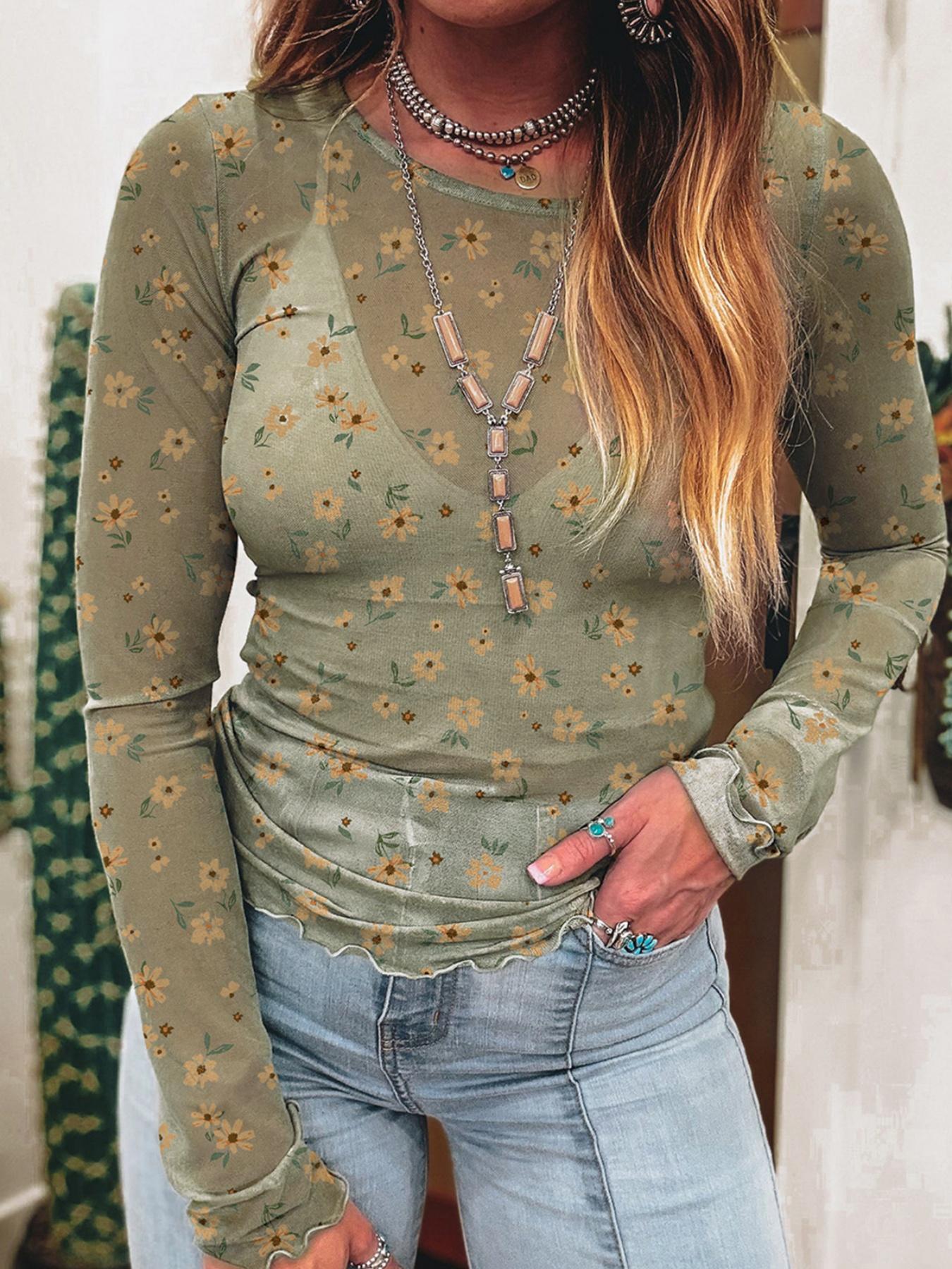 Vintage Floral Print Southern Style Mesh Long Sleeve Top, Women's Casual Fashion, Spring & Fall Wear, Comfortable and Stylish