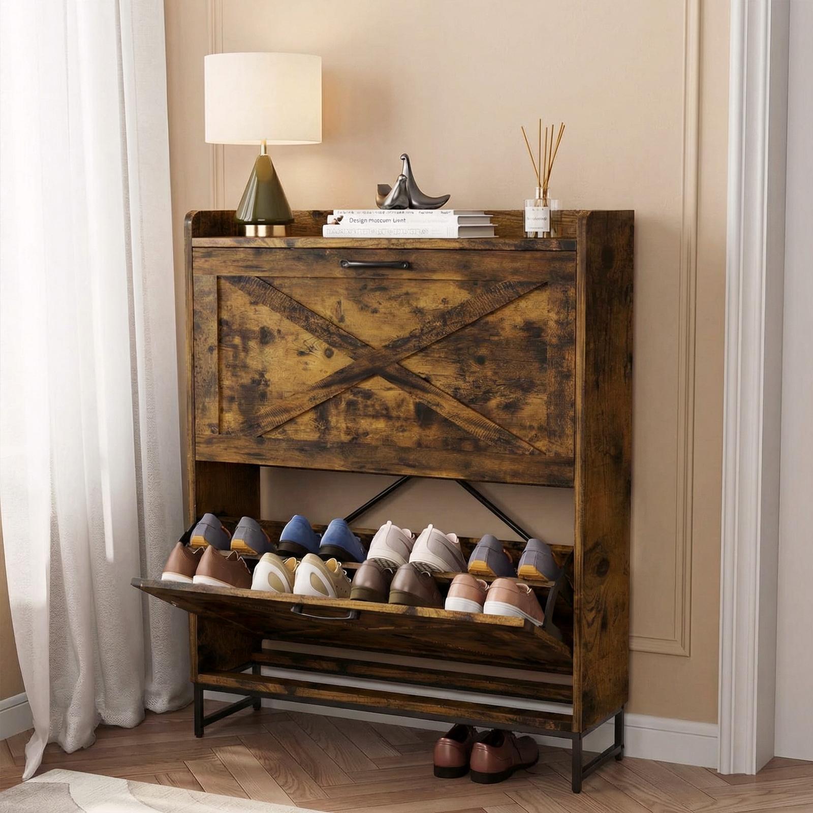 VOWNER Farmhouse Shoe Storage Cabinet with 2 Flip Drawers, Freestanding Organizer with Metal Legs for Entryway, Narrow Shoe Rack Cabinet