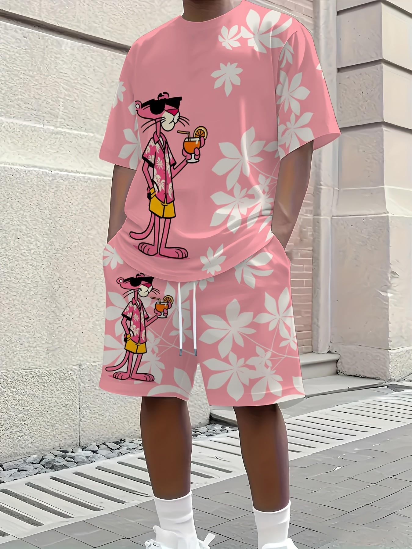 Summer Men's Fun Cartoon Sportswear Set, Streetwear Tracksuit Set, Short Sleeve T-Shirt & Floral Pants, Casual Summer Style for Travel
