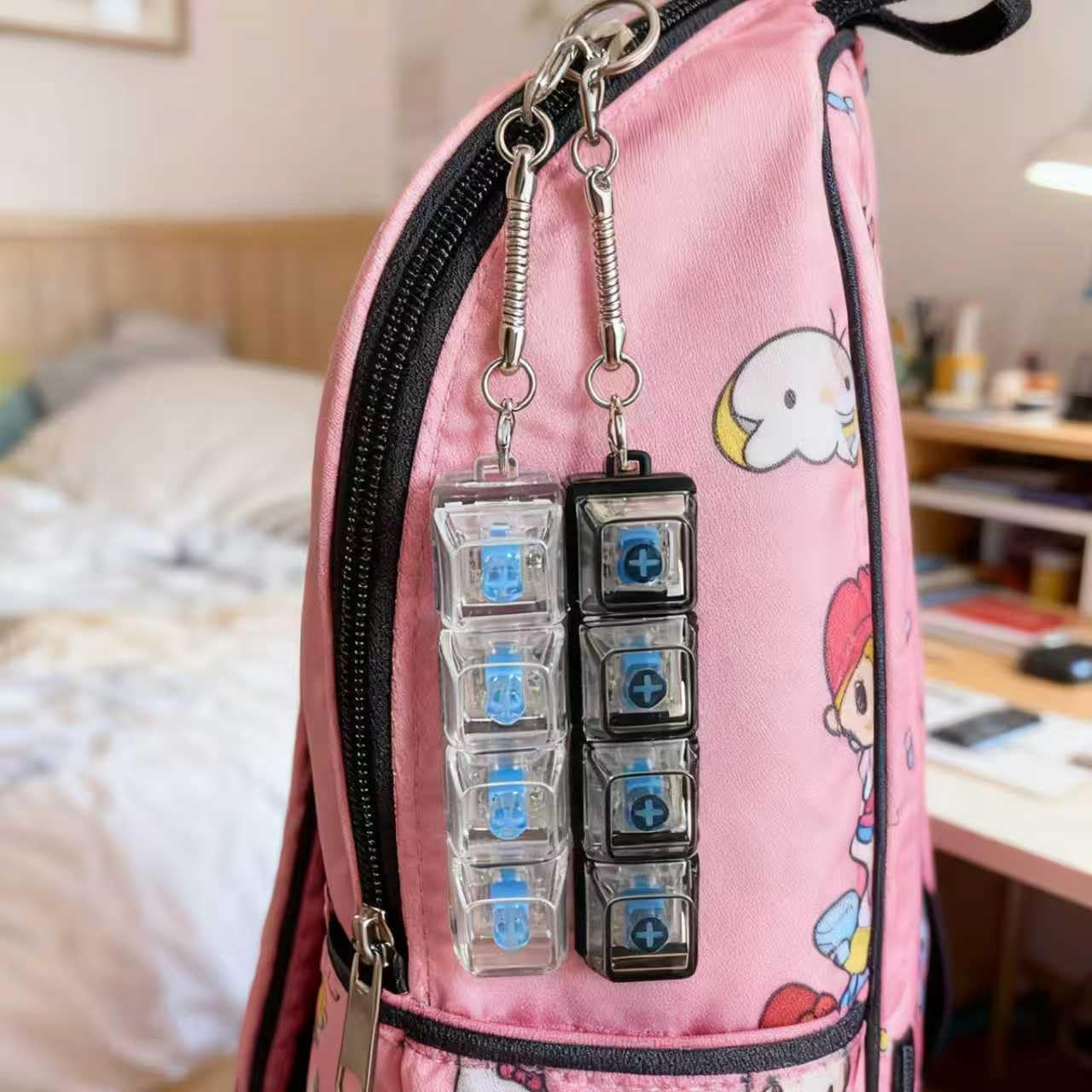 2 Pack Mechanical Keyboard Fidget Keychain with LED Lights - Transparent Click Button for Stress & Anxiety Relief. Portable Finger Clicker Toy for Focus, ADHD, Restless Hands