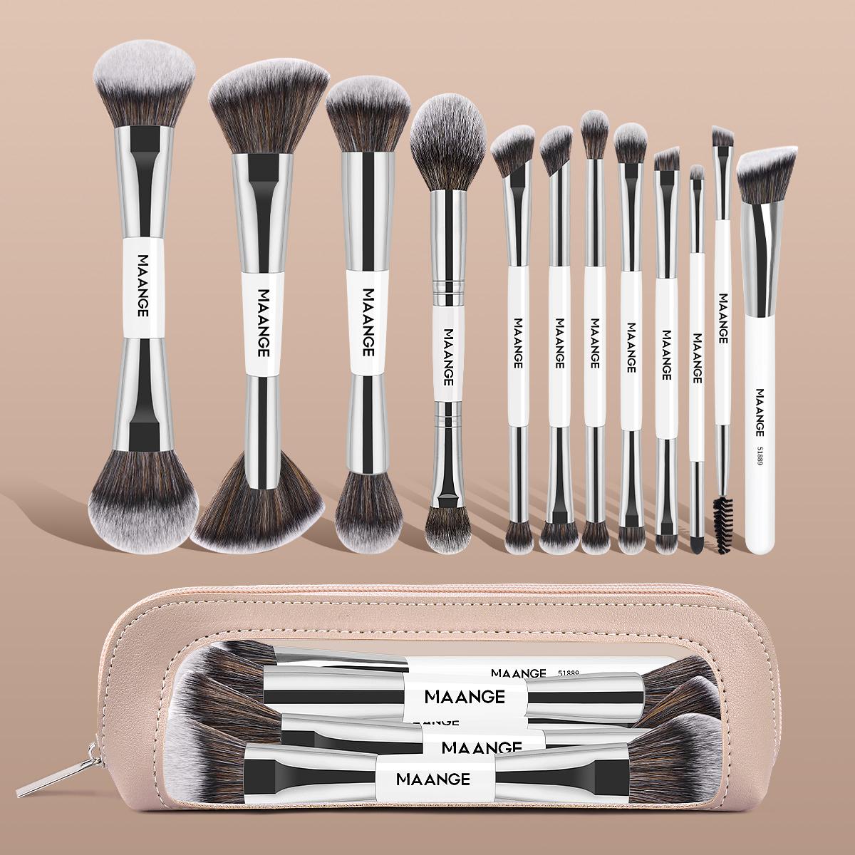 MAANGE 12pcs Synthetic Makeup Brushes Set with Cosmetic Bag, Foundation Brush Loose Powder Brush Highlight Brush Contour Brush Concealer Brush Eyeshadow Brush Blending Brush Eyebrow Brush Nose Shadow Brush Eyeliner Brush, Gift for Women & Girls
