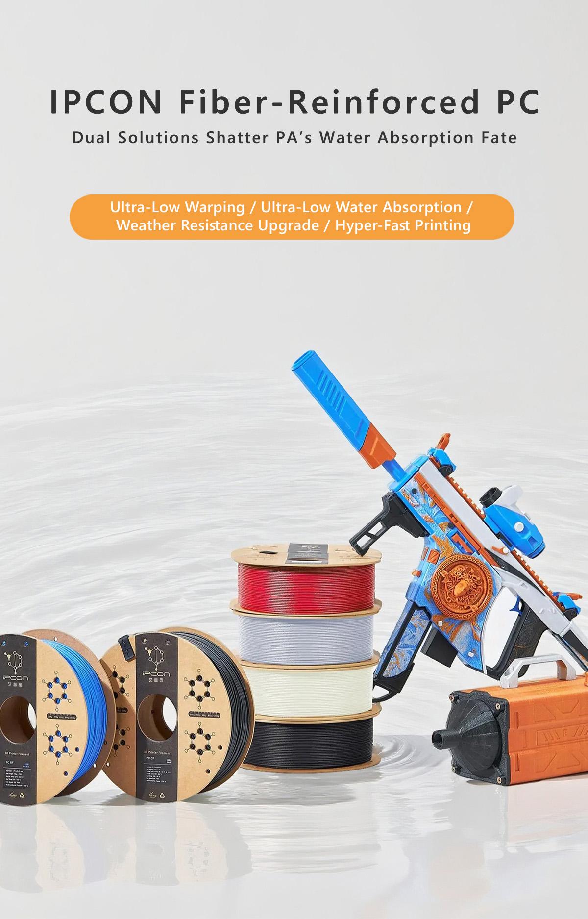 iPCON PC CF 3D Printing Filament, Carbon Fiber Reinforced PC 3D Printer Filament, Ultra-Low Warpage & Water Absorption PC-CF Filament, Rigid & Durable, Enhanced Weather Resistance PC CF Filament With UV-Resistance For Outdoor Structural Parts etc.