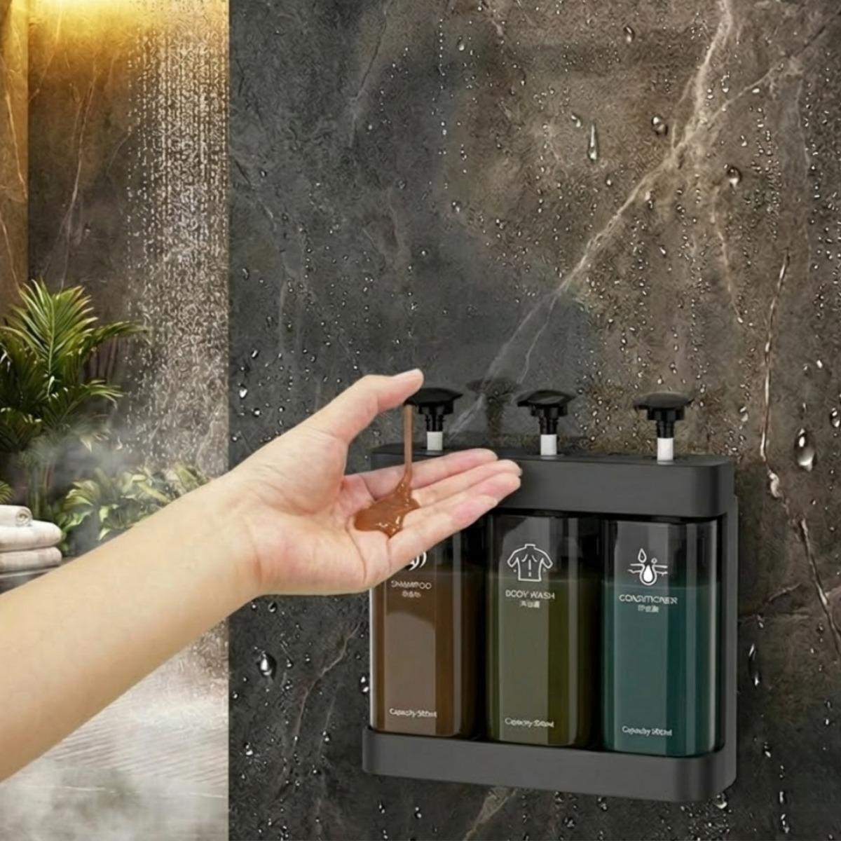 No-Drill Shampoo Dispenser Set, Wall Mounted Conditioner and Body Wash Storage Bottles, Multi-Chamber Push Pump Design, 500ml Large Capacity Refillable Shower Soap Dispenser for Bathroom, Hotel, Apartment and Dorm