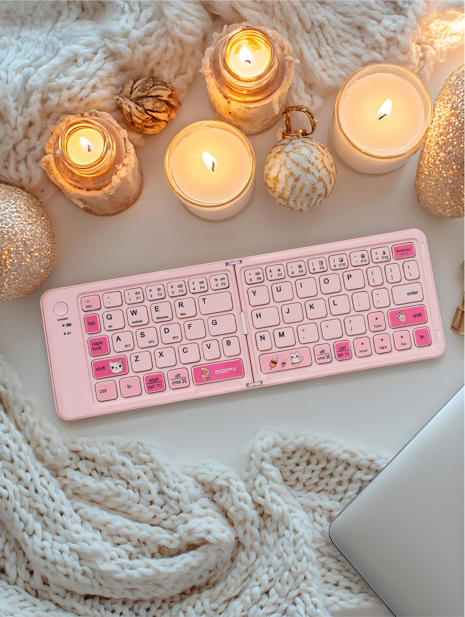 MOFii 1 Pc Z1 Pink Cat Foldable Bluetooth Keyboard, Rechargeable Portable Office Keyboard, Cute iPad Tablet Essential for Girls, US Qwerty