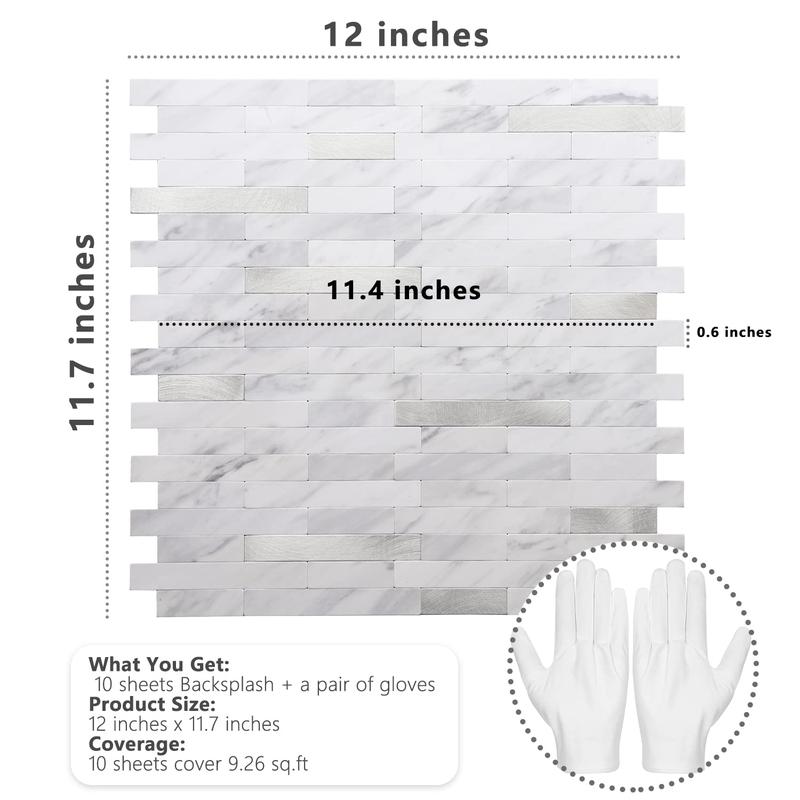 STICKGOO 10 Sheets Peel and Stick Backsplash, PVC Wall Tiles Stick on Backsplash for Kitchen - White Marble with Metal Silver