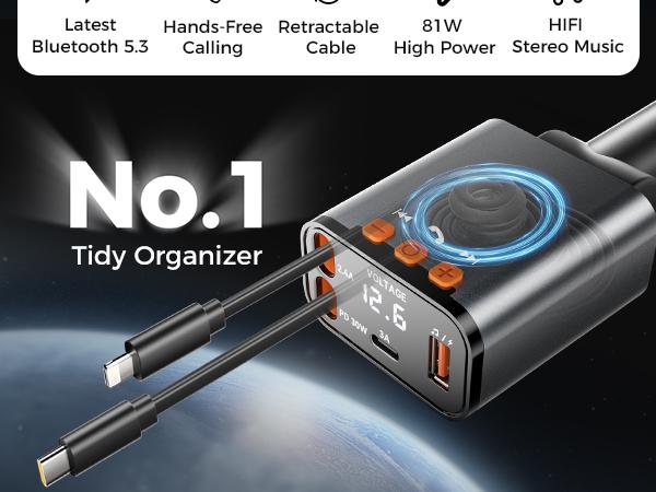 SUPERONE Bluetooth 5.3 Car Adapter with Retractable PD 30W & 12W USB Lightning Chargers FM Transmitter Radio Receiver Hands-Free Calling Music Player LED Display TikTokShopHolidayHaul USB Lightning Gift