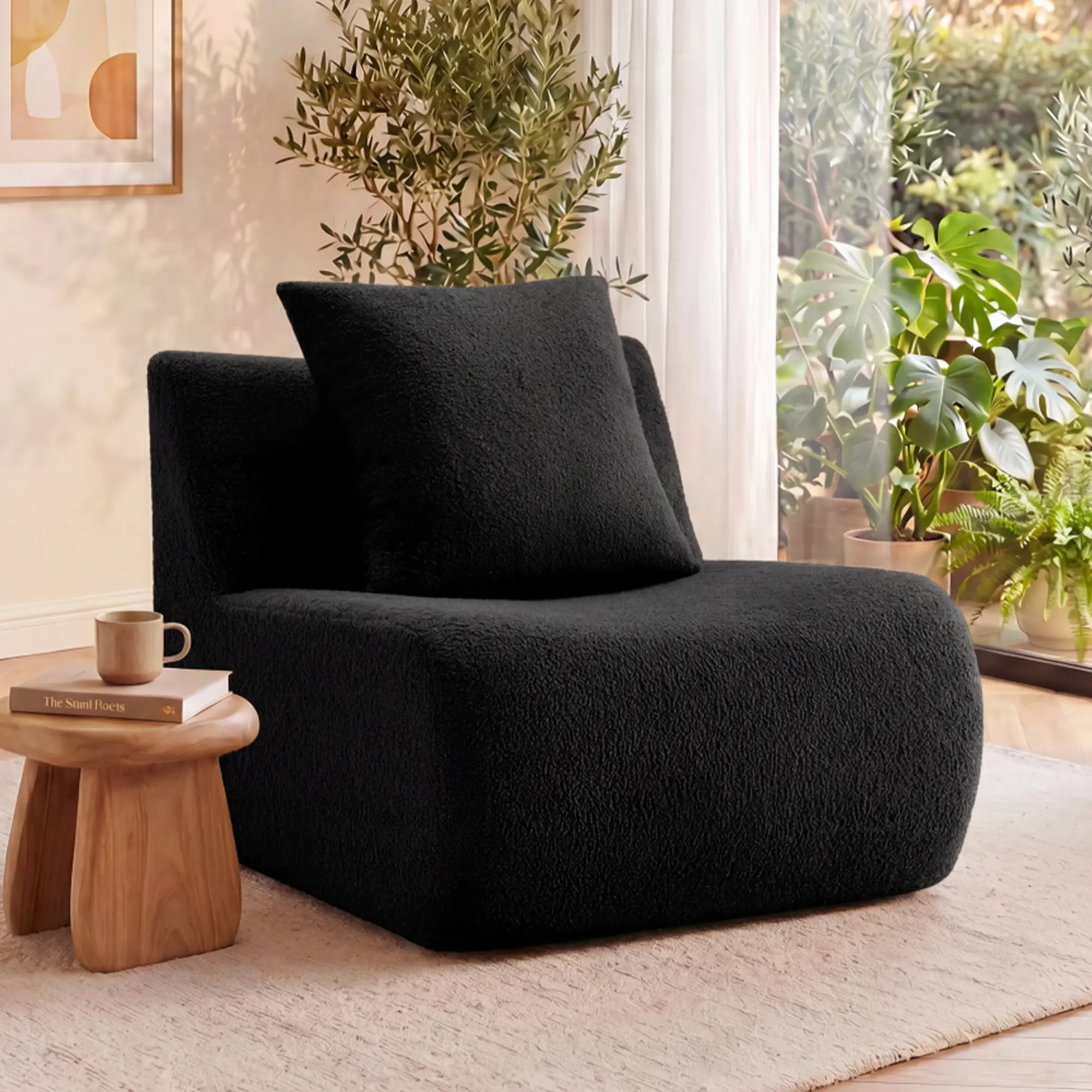 Nokaa Armless Sofa with Pillow Teddy Fabric Couch for Living Room, Cozy Single Seat Sofa with Soft Plush Upholstery, Modern Small Couch for Apartment, Compact Loveseat Alternative, Black, Living Room Furniture for Apartment, Lounge, Family Room