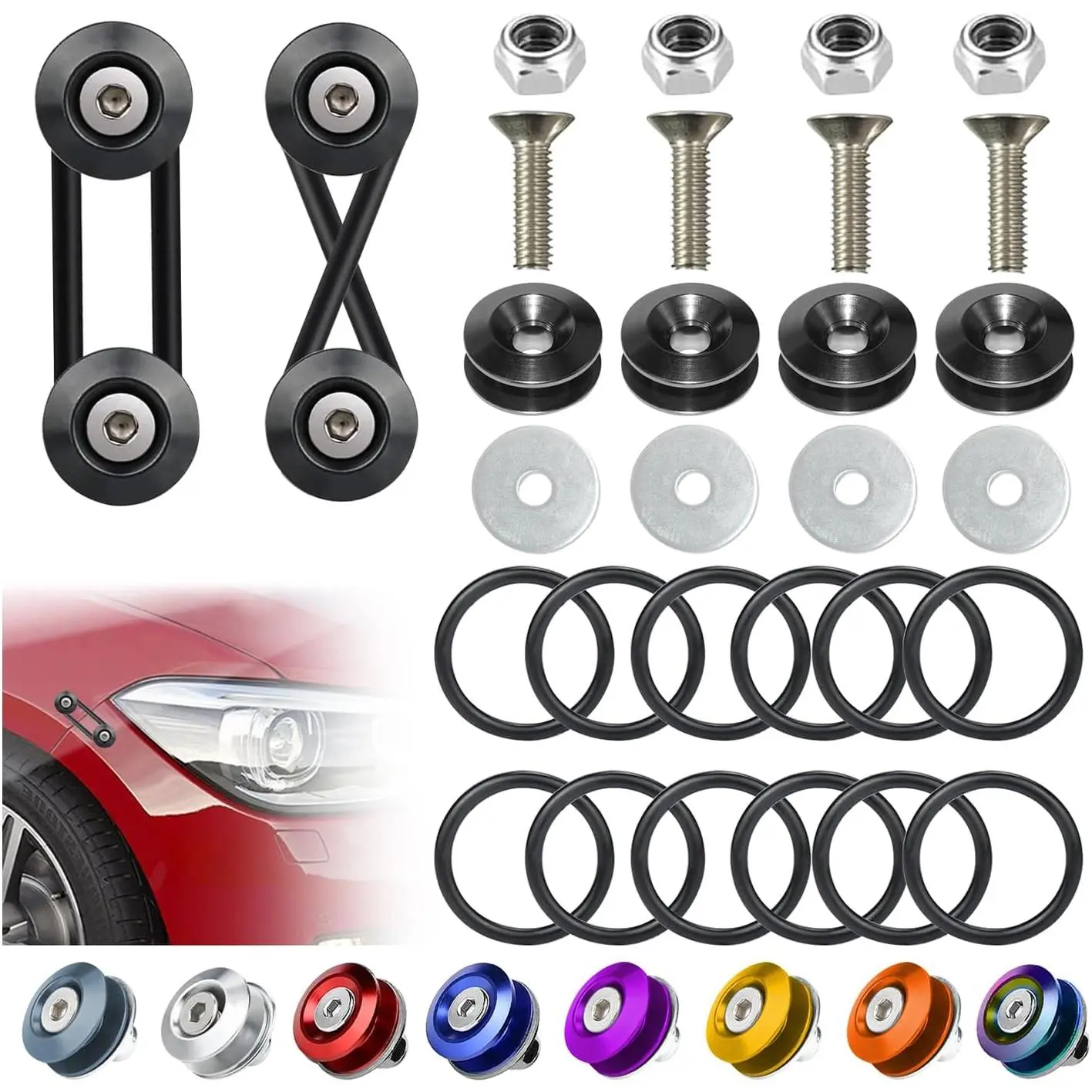 Universal Bumper Clips, Front and Rear Bumper Quick Release Kit, Bumper Holders for Cars (4 Black Bumper Quick Release Tabs and 12 Customized O-Rings)
