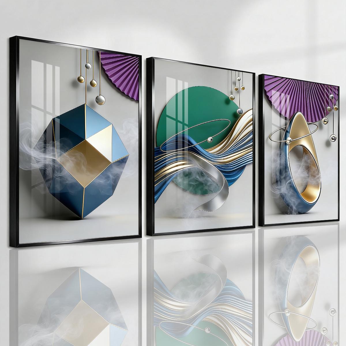 3 Counts Aluminum Alloy Framed Painting, Geometric Abstract Metallic Shapes And Smoke Art Pictures, Home Decoration For Living Room, Bedroom, Office, Restaurant, Hallway Wall Decor, Odorless Print Artwork, Luxury Perfect Gift For Friends And Family