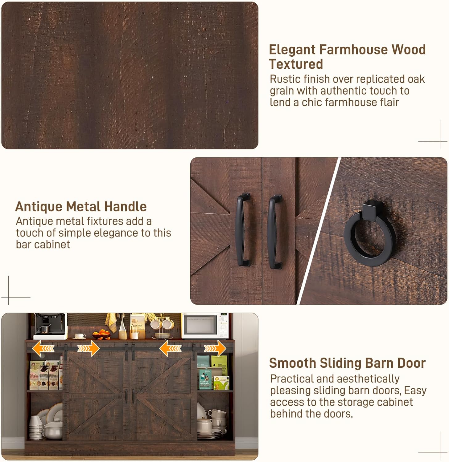 74" Farmhouse Kitchen Pantry Storage Cabinet with LED Light & Charging Station, 63" W Coffee Bar Cabinet Kitchen Cupboard with Hutch and Sliding Barn Doors, Pegboard