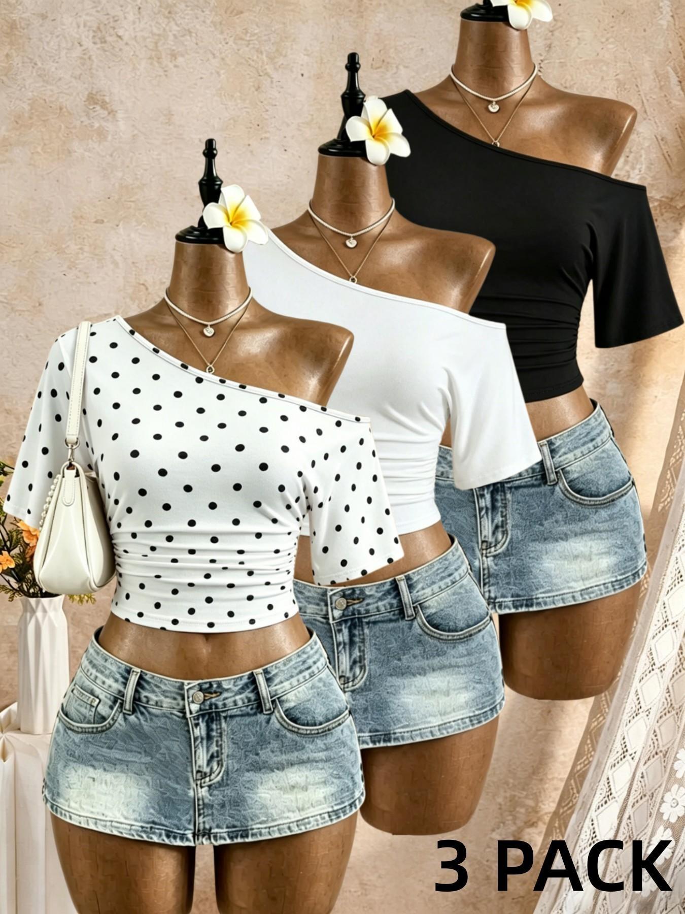 3-Pack Asymmetrical Shoulder Pleated Mid- Sleeve Short T-Shirts, Streetwear Date Wear, Show Waist Slimming Top, Trendy Ladies' Clothing, Casual Chic, Casual Daily Tops