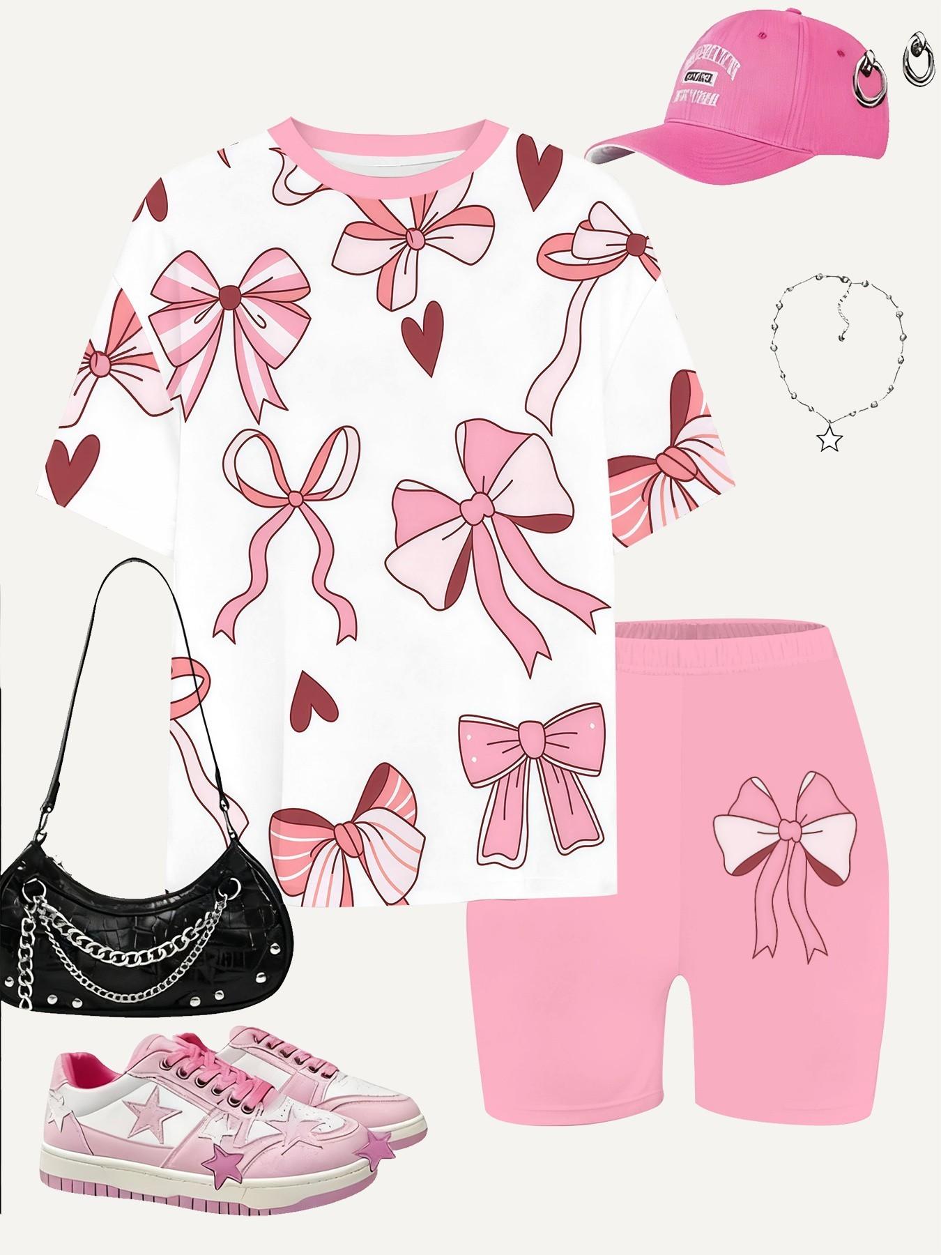 Teen Girl Fashion Street Style Printed Short Sleeve T-Shirt and Fitted Shorts Set, Casual School, Summer Vacation Wear