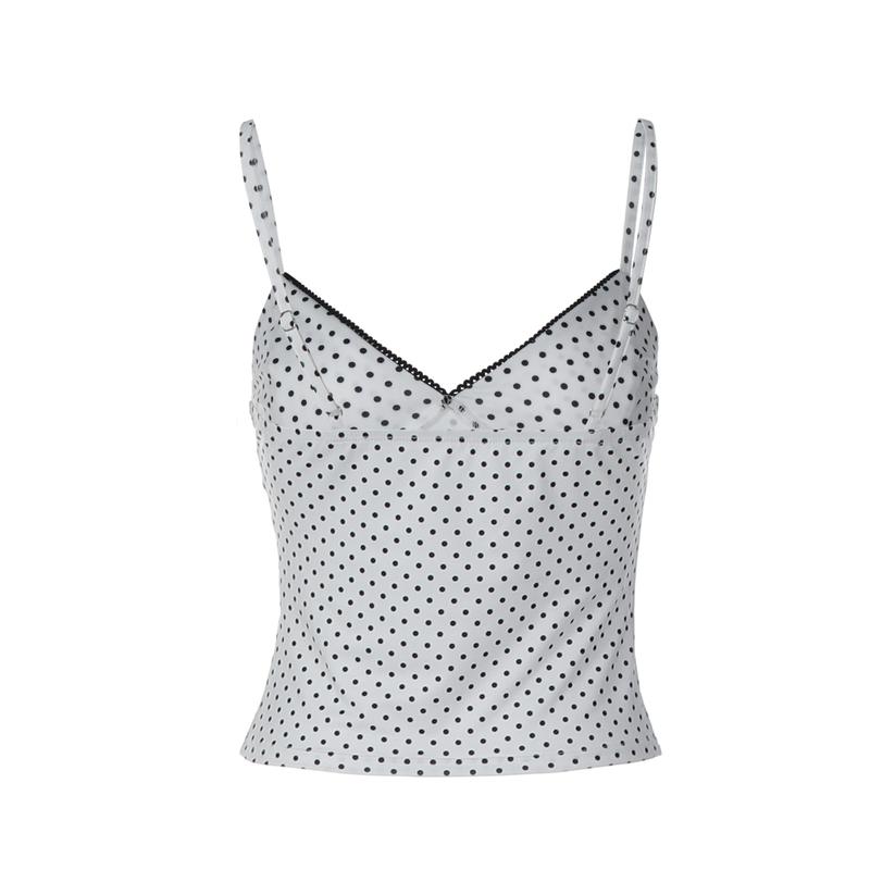 Women's Polka Dot Print V Neck Sleeveless Cami Top, Colorblock Lace Trim Sexy Backless Adjustable Straps Camisole Tank Top, Party Club Date Holiday Daily Casual Crop Tank Tops For Ladies All Seasons Summer Fashion Clothes Wear