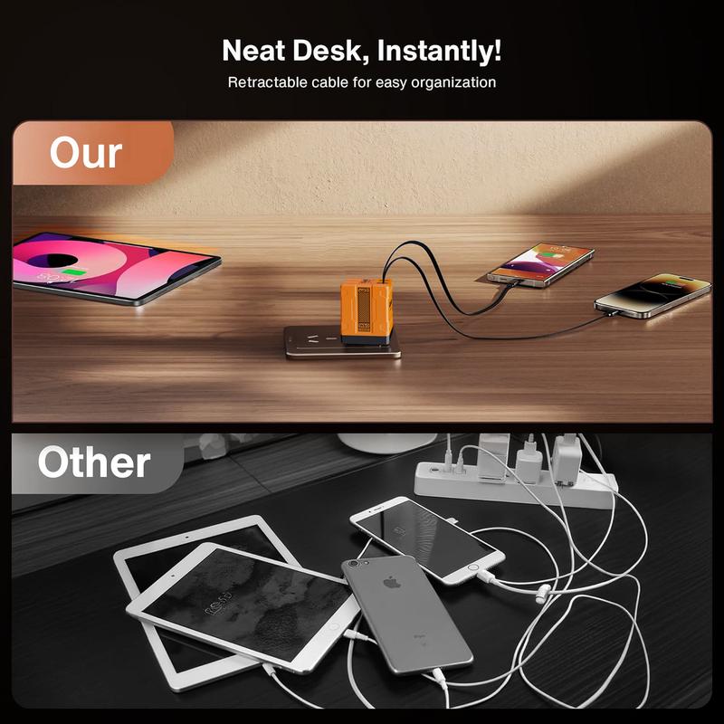 W&O Compatible with 120W GaN Fast Charger | Retractable Type-C & Lightning Cables |Foldable Adapter for iPhone 16, iPad, MacBook, Multi-Device Fast Charging