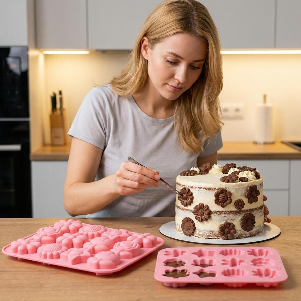 3pcs 12-Cavity Flower-Shaped Chocolate Silicone Molds, DIY Candy Pudding Baking Cookie Birthday Cake Decoration