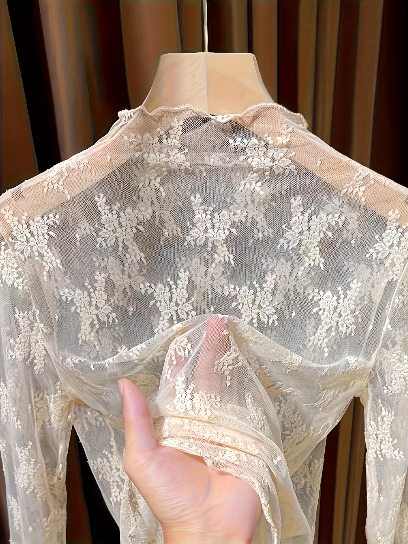 Women's Lace Long Sleeve Top, Lady, Half High Neck Design, Elegant Mesh Fabric, Perfect Inner Layer for Fall & Winter, Blouse, Womenswear