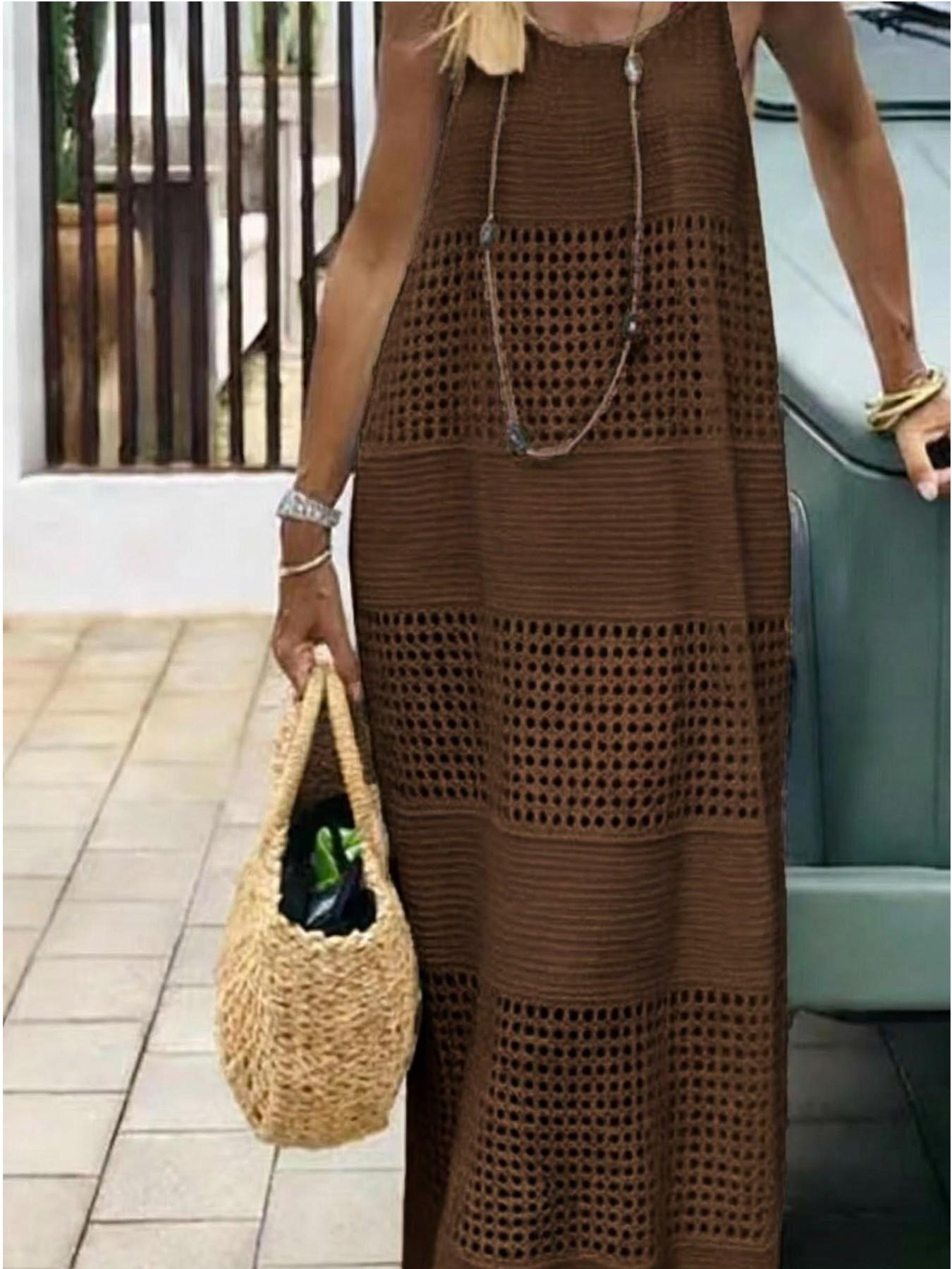 Women's Hollow Backless Vest Top, Lace-Up Design, Casual Knitted Long Dress Sweater, Pure Color, Spring, Fashionable and Comfortable