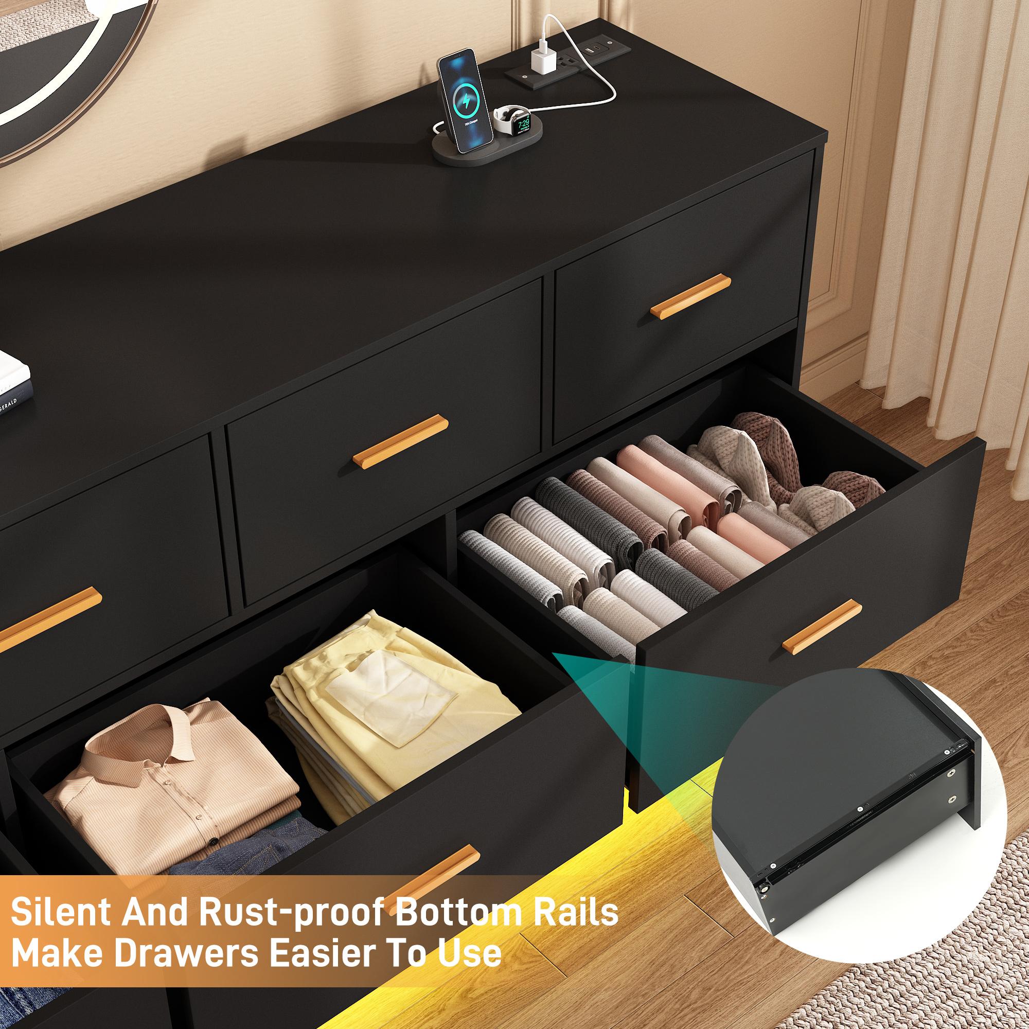 12 Drawers Dresser w/Power Outlet,60000-Colors Lights,63In Long Dresser Chest for Bedroom,Wooden Tall Large Capacity Clothing Storage Cabinet for Living Room,Entryway,Hallway (Black /White )