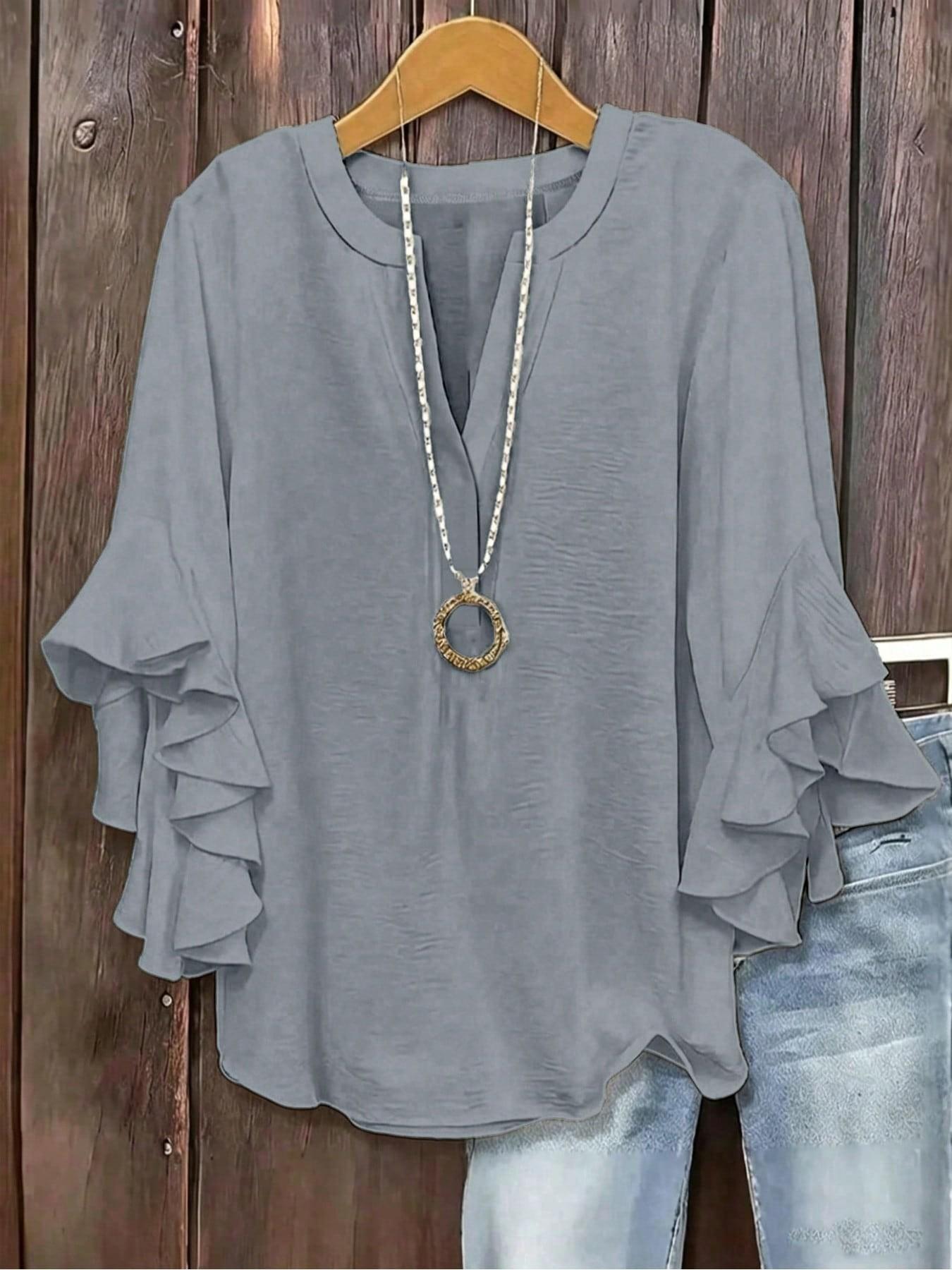 Plus Size Women's Ruffled Sleeve Notched-Neck Fitted Blouse Shirts, Elegant Comfortable and Stylish Solid Color Top, Perfect for Everyday Casual Wear Plus Size Women's Ruffled Sleeve Notched-Neck Fitted Blouse Shirts, Elegant Comfortable and Stylish Solid Color Top, Perfect for Everyday Casual Wear
