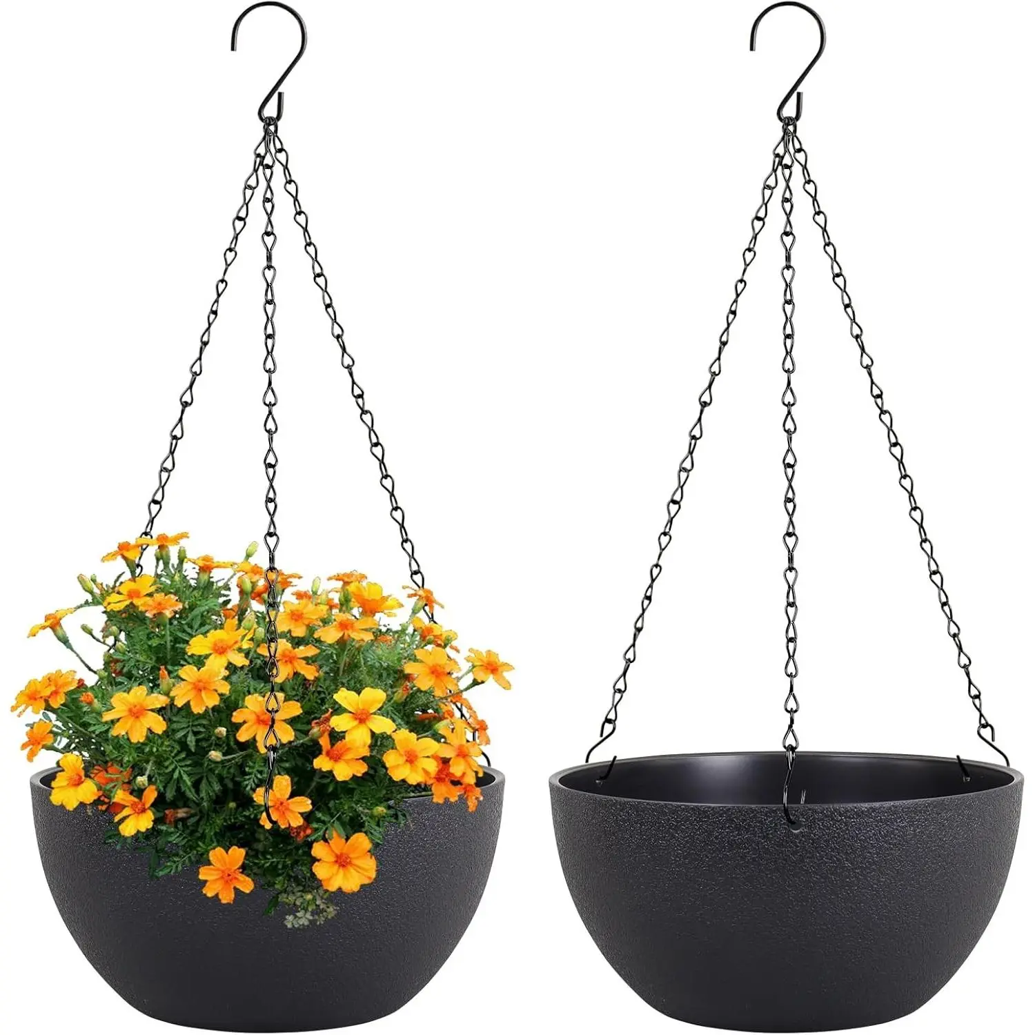10 inch Hanging Planters for Indoor Outdoor Plants, 2 Pack Hanging Flower Pots with Drainage Holes and Chain for Garden Porch, Round Plastic Hanging Baskets for House Plants, Black