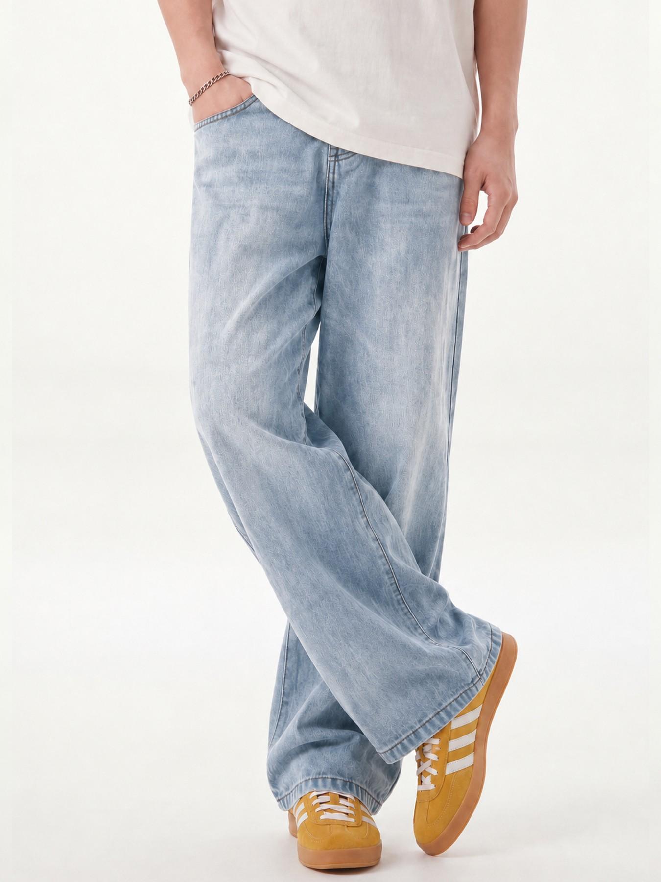 Men’s Blue Washed Jacquard Baggy Jeans, Curved Panel Seams, Wide Leg Loose Fit, Y2K Streetwear Denim Jeans, All Seasons