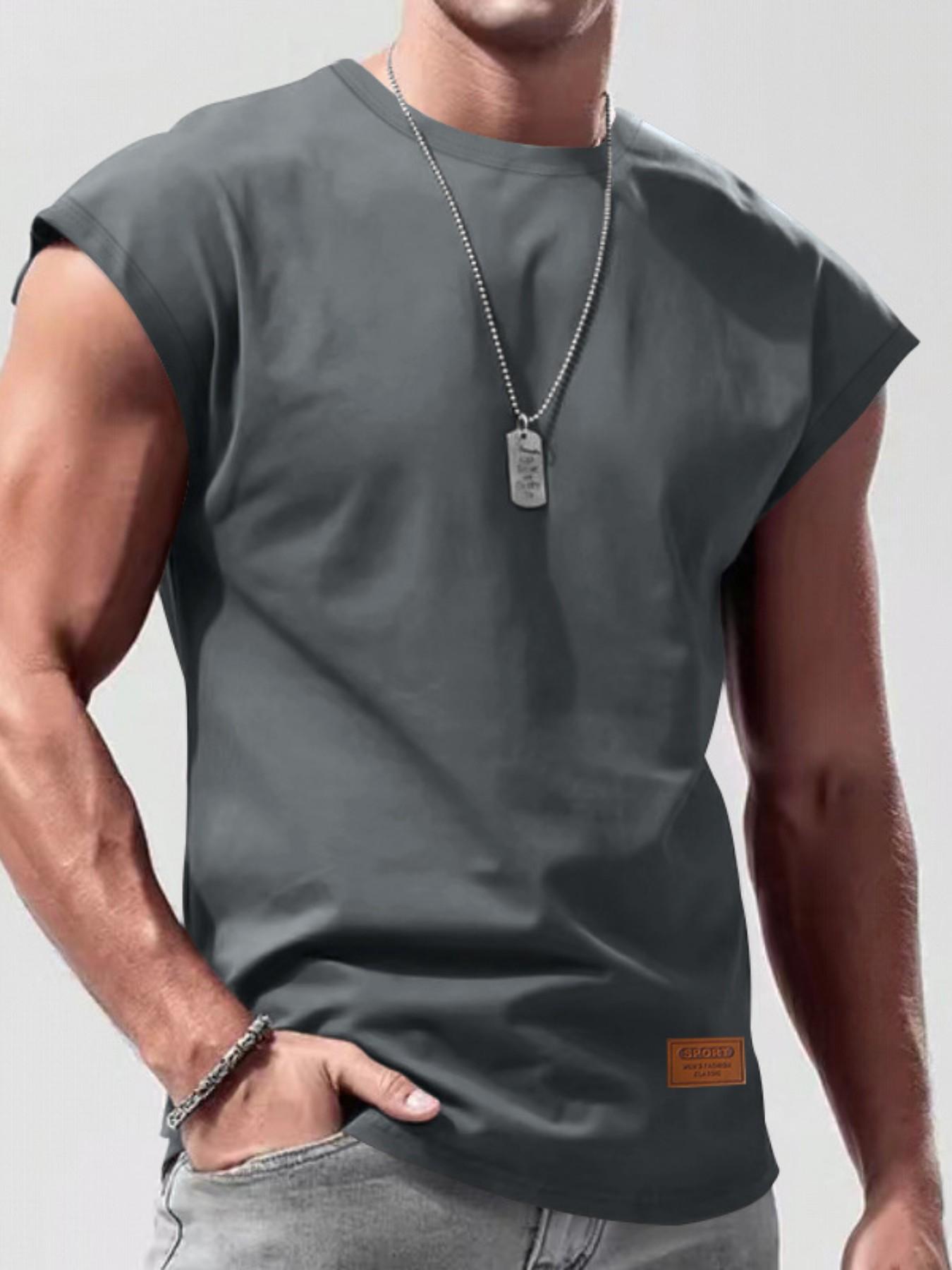 Men's Fashion Sleeveless Cotton Short Sleeve T-Shirt, Wide Shoulder Casual Tee, Leather Label, Comfortable and Stylish Summer Wear