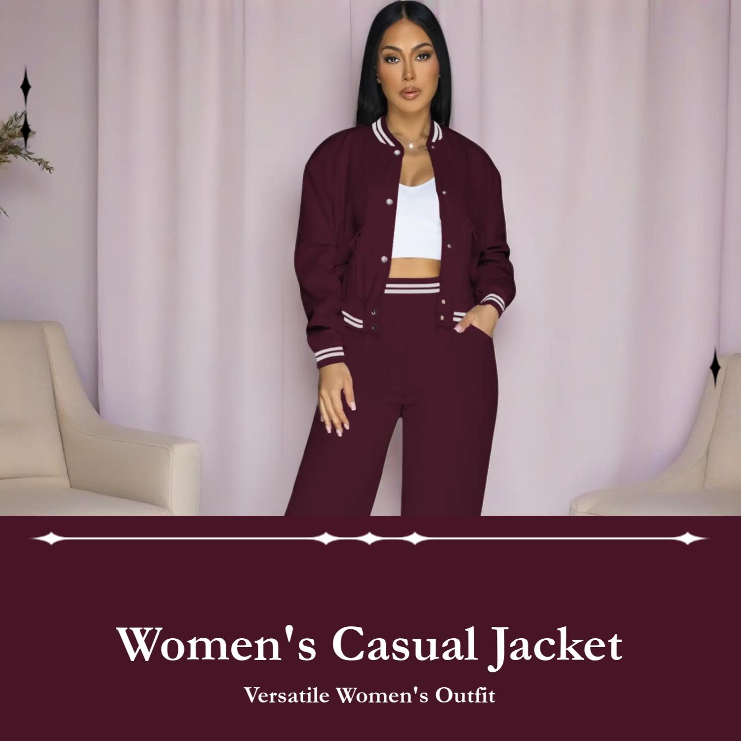 Women's Solid Color 2-Piece Athletic, Baseball Jacket & Pocket Pants, for Outdoor Camping Sportswear, Athleisure Wear Set