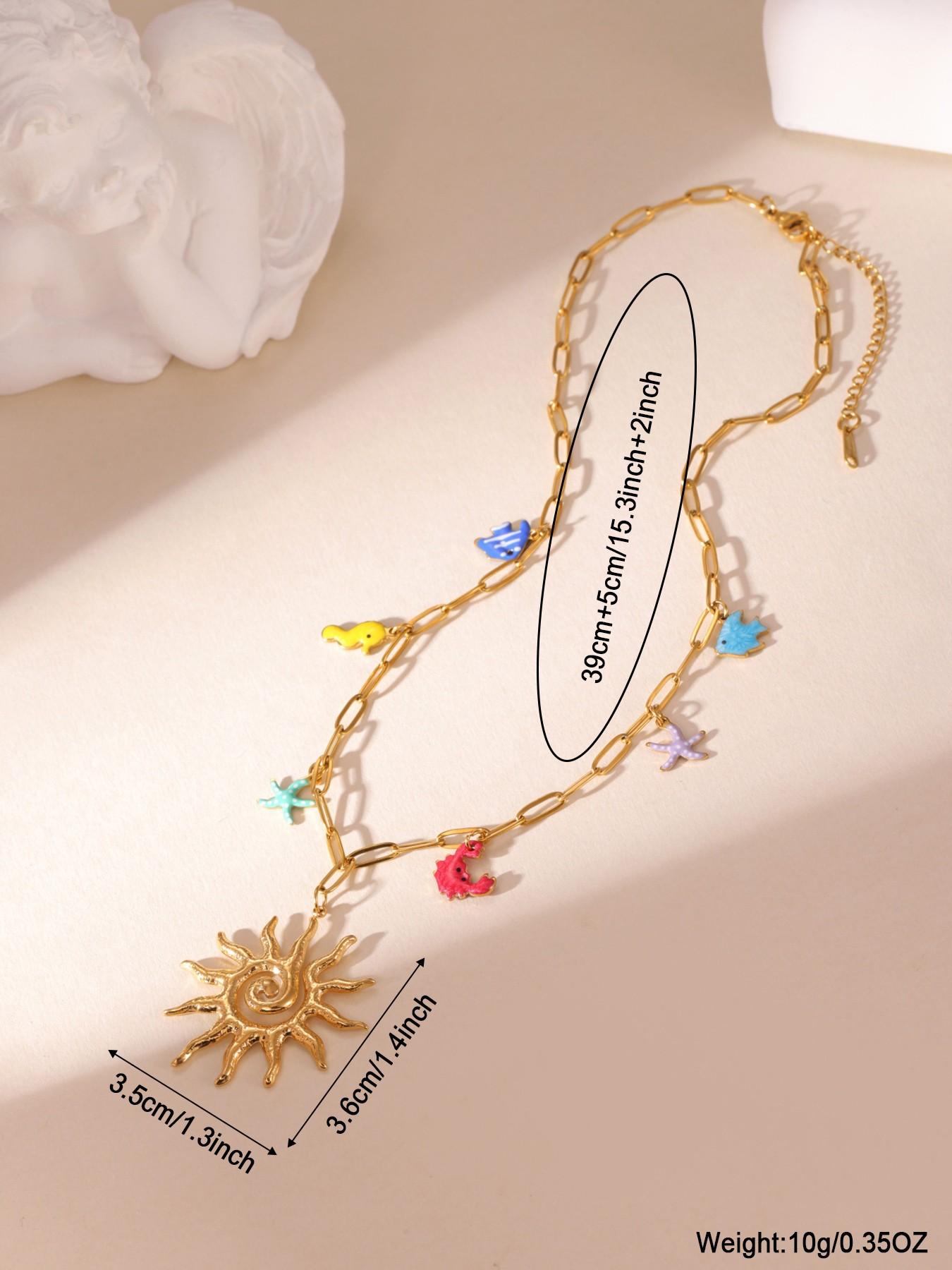 Unique Design Enamel Ocean Fish Sun Seahorse Starfish Charm Gold Necklace Lightweight All Season For Women Vacation Wear