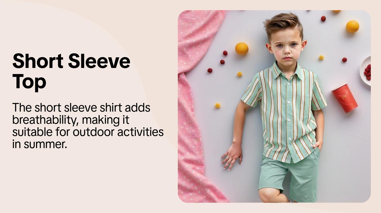 Boys' Summer Set, Striped Sets, Striped Shirt & Solid Color Shorts, Casual Wear for Vacation & Outdoor Activities, Ages 4-7