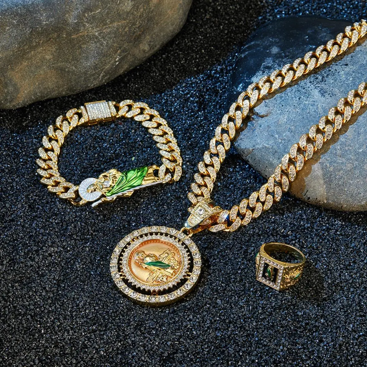 Unisex 2-Piece Adjustable Rhinestone Matching Jewelry Set - Alloy Spin-to-Show Cross Motif Jesus Bracelet, Hip-Hop Streetwear Chain Necklace, Men's Accessories with Bling Effect, Meaningful Adult Gifts, Spin‑To‑Show Pendant