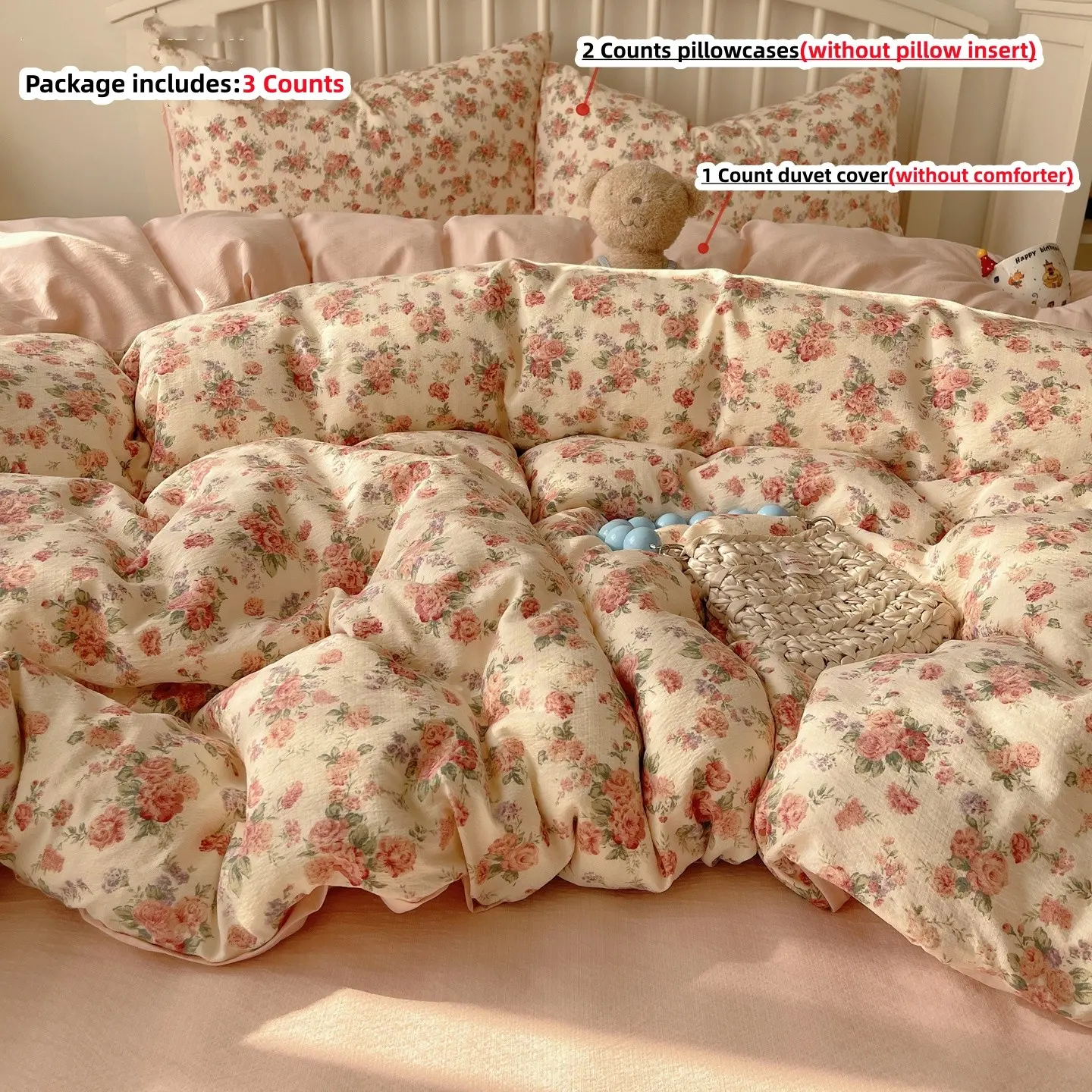 3-Piece Farmhouse Floral Bedding Set, Decorative Bedding Set, Soft Bedding Sets, Includes 1 duvet cover& 2 Pillowcases, Breathable Fabric, All-Season Use, Easy Care, Perfect Gift