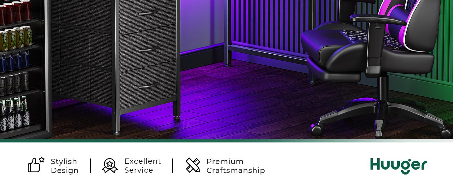 Huuger Computer Desk with Power Outlets and LED Lights, Gaming Desk with 4 Drawers, Office Desk with Monitor Stand, USB-C Port