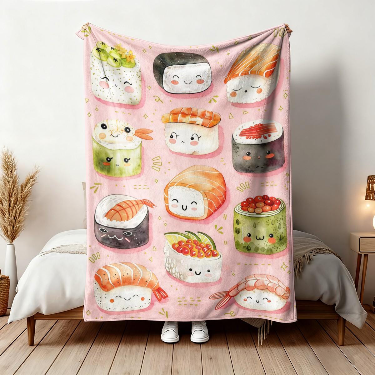 Cute Sushi Pattern Flannel Blanket, Soft Skin-Friendly Warm, Easy to Store, Multi-Scene Home Office Travel Throw, Suitable for Sushi Lovers