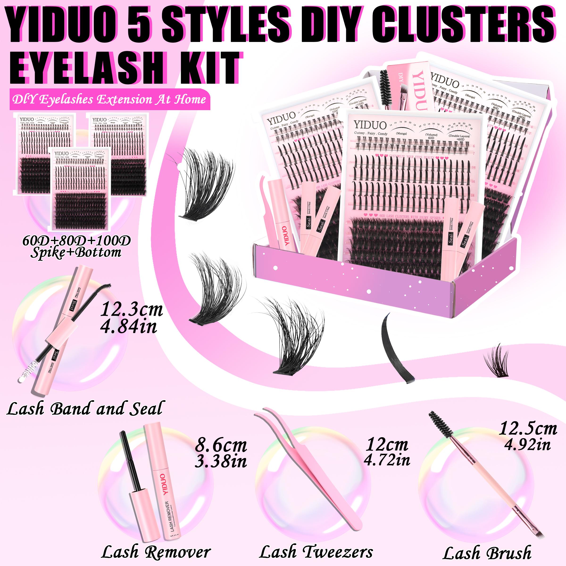 YIDUO Diy Eyelash Extensions 5 Styles Lashes Kit 60D\80D \100D\Spikes Eyelash and Bottom Lashes Clusters Kit 6-18mm Cluster Eyelash Extension Kit 840 Pcs D-Curl With Lash Bond and Seal, Lash Remover，Lash Tweezers,Eyelash Brush