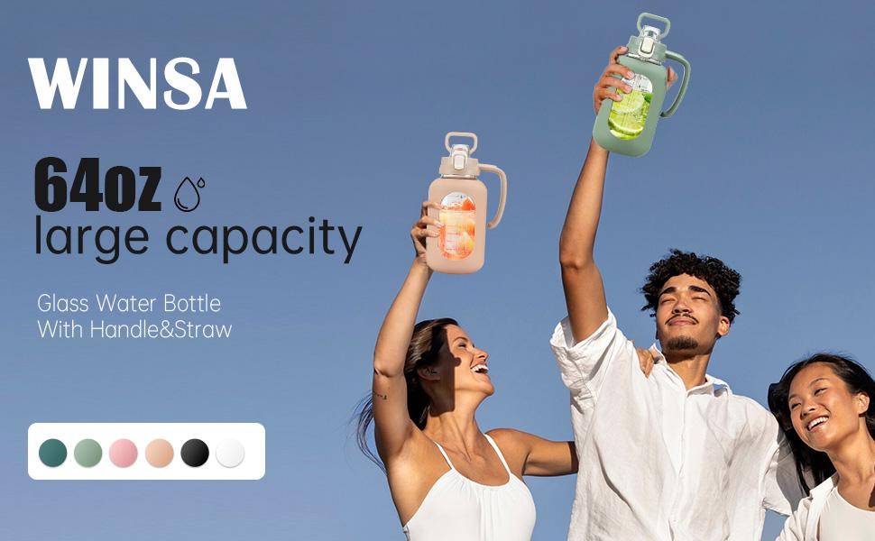 【WINSA】 64 oz Glass Water Bottle with Lid and Handle Half Gallon Water Bottle with Time Marker Large Water Bottle with Silicone Sleeve for Coffee, Juice Homemade Beverages Hydration Tumbler Waterbottle Drinkware