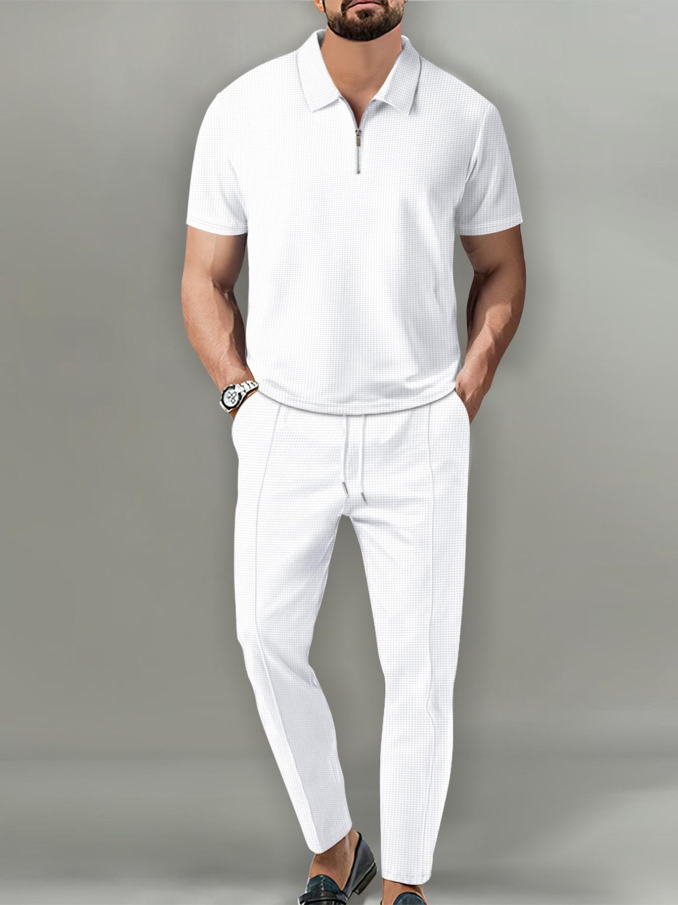 Men's Two-Piece Set Outfit for Summer, Menswear Quarter-Zip Polo Shirt and Drawstring Pants, Casual and Urban Style, Perfect for Relaxing Days