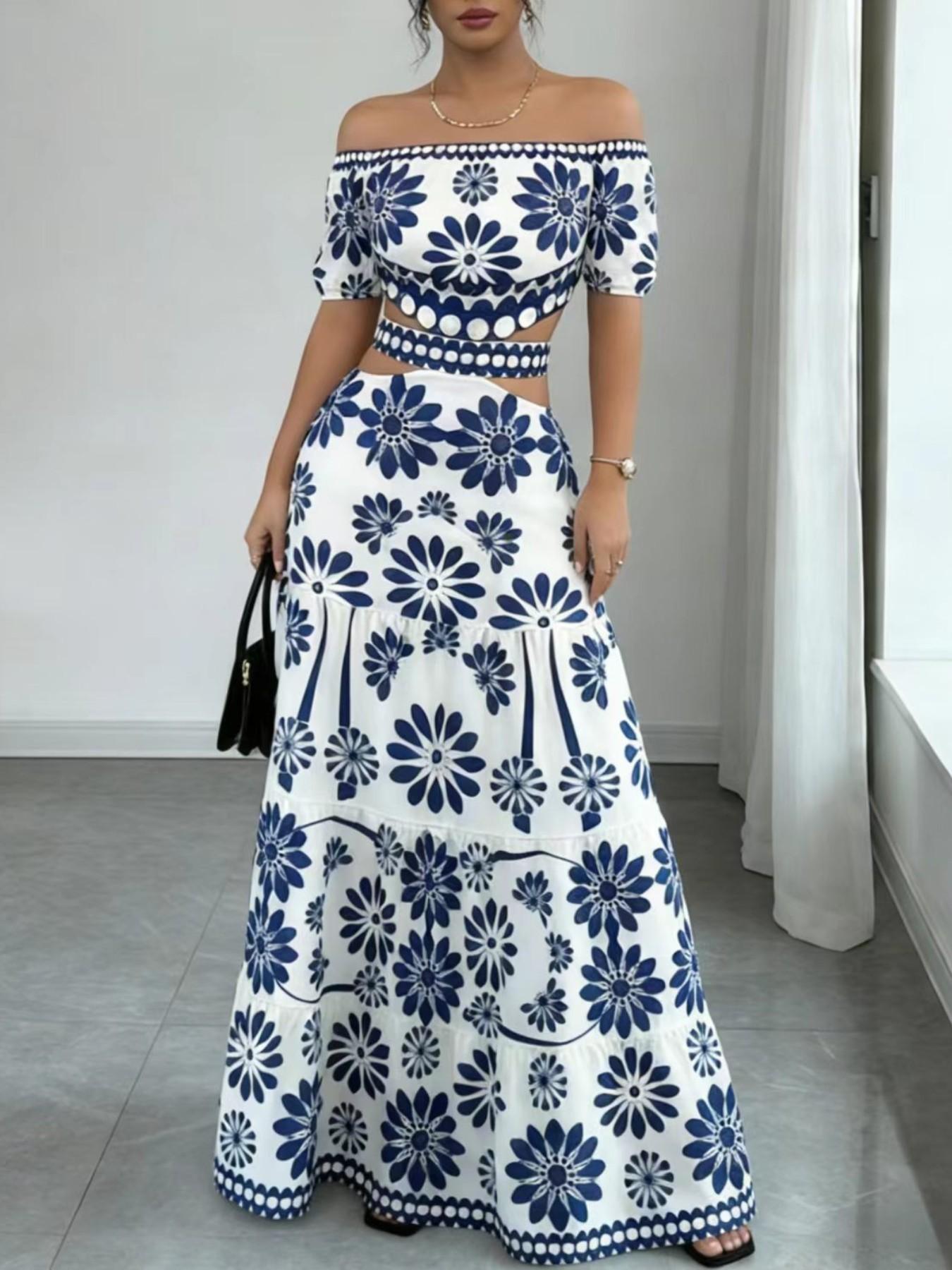 Women's Floral Off-Shoulder Dress, Sleeveless Hollow Out Waist, Casual Bohemian Style, All Seasons, Tropical Vacation, Long Dress for Summer