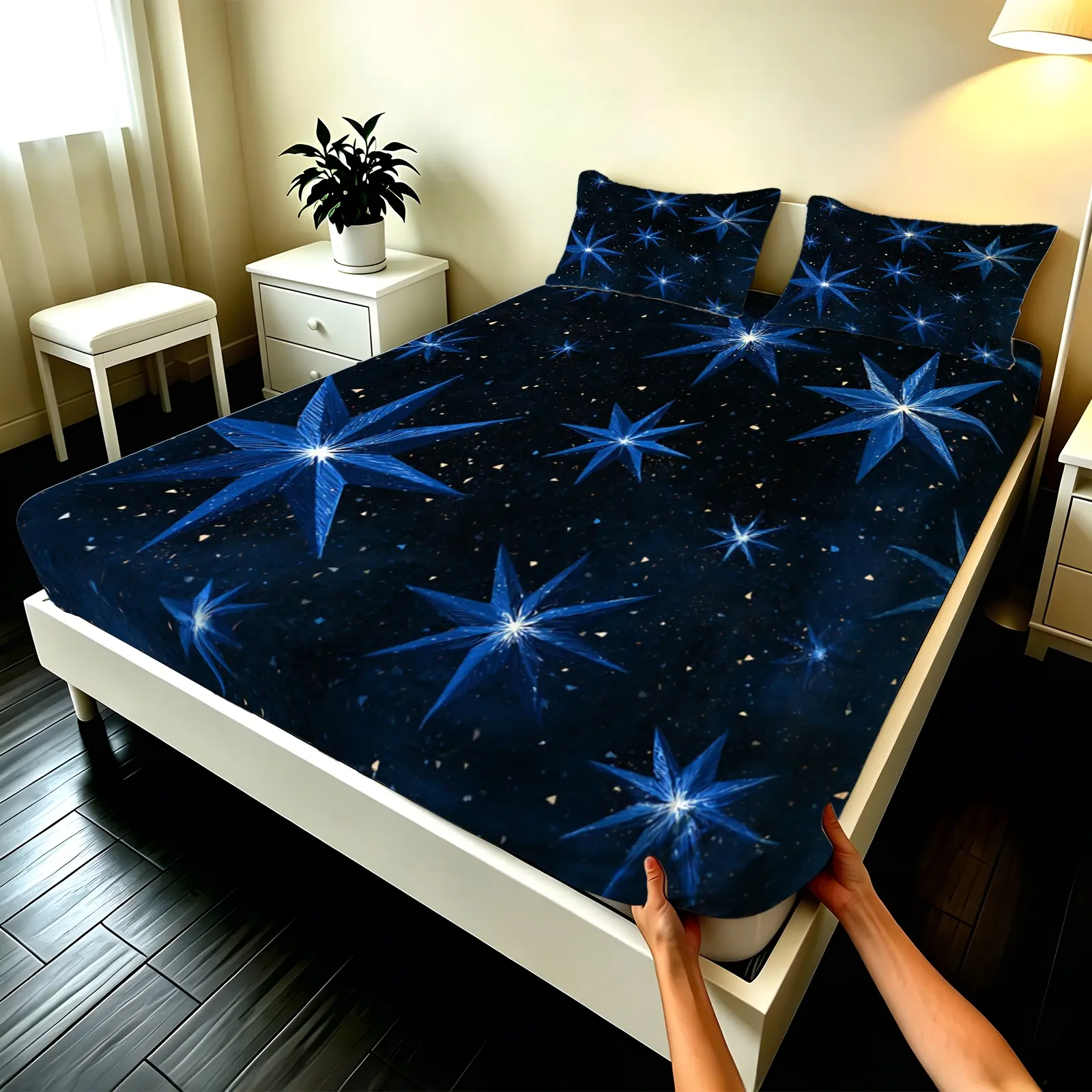 3pcs Fitted sheet Deep Blue Starry Galaxy Pattern Soft Microfiber Bedding Set, Wrinkle Resistant Fade Proof Breathable Comfortable Bed Sheet Set for Bedroom Guest Room Hotel, Fits Twin Full Queen King Size complete sheet set