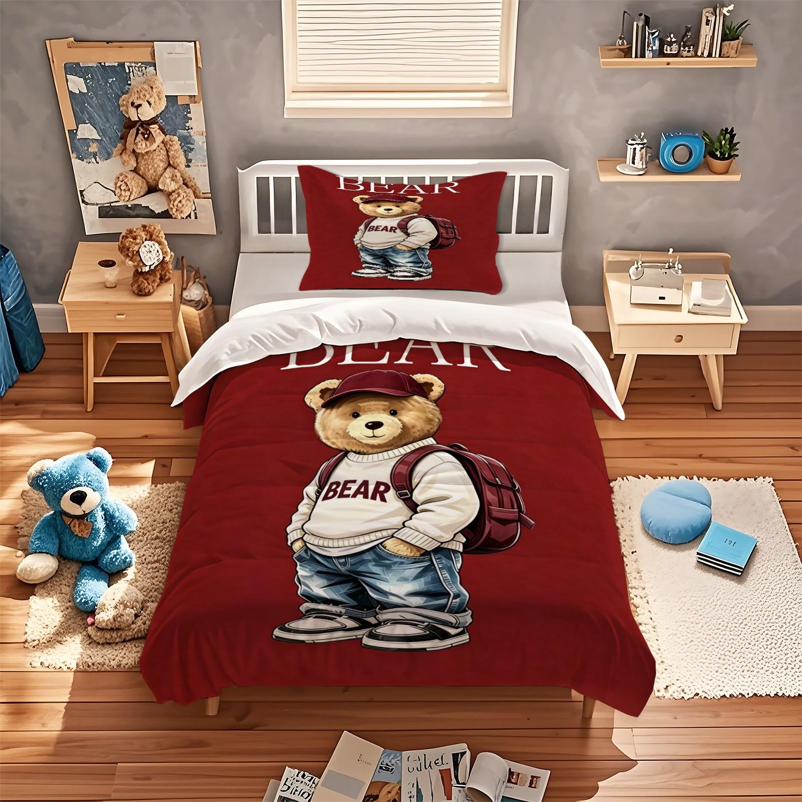 Handsome teddy bear printed pattern duvet cover set, including 1 duvet cover and 1 or 2 pillowcases, without a core or pillow, suitable for bedroom or dormitory bedding set, suitable for gift giving or personal use, Bedroom Decor