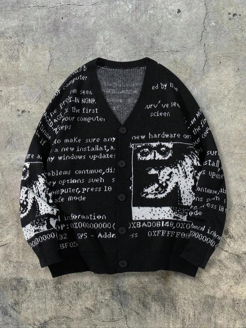 Men's Cartoon Print Crew Neck Sweater, Loose Casual Long Sleeve Top, Perfect for Spring & Fall, Fashion Knitwear for Daily Wear