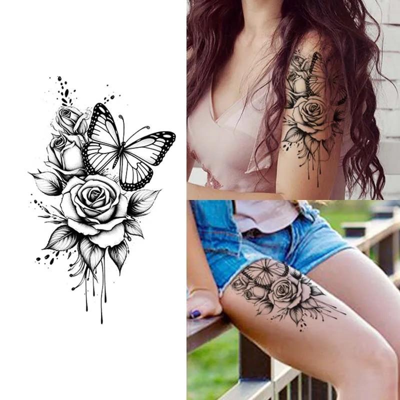 Butterfly and Rose Waterproof Temporary Tattoo, Long-Lasting Realistic Fake Tattoo for Men and Women, Arm and Leg Tattoos