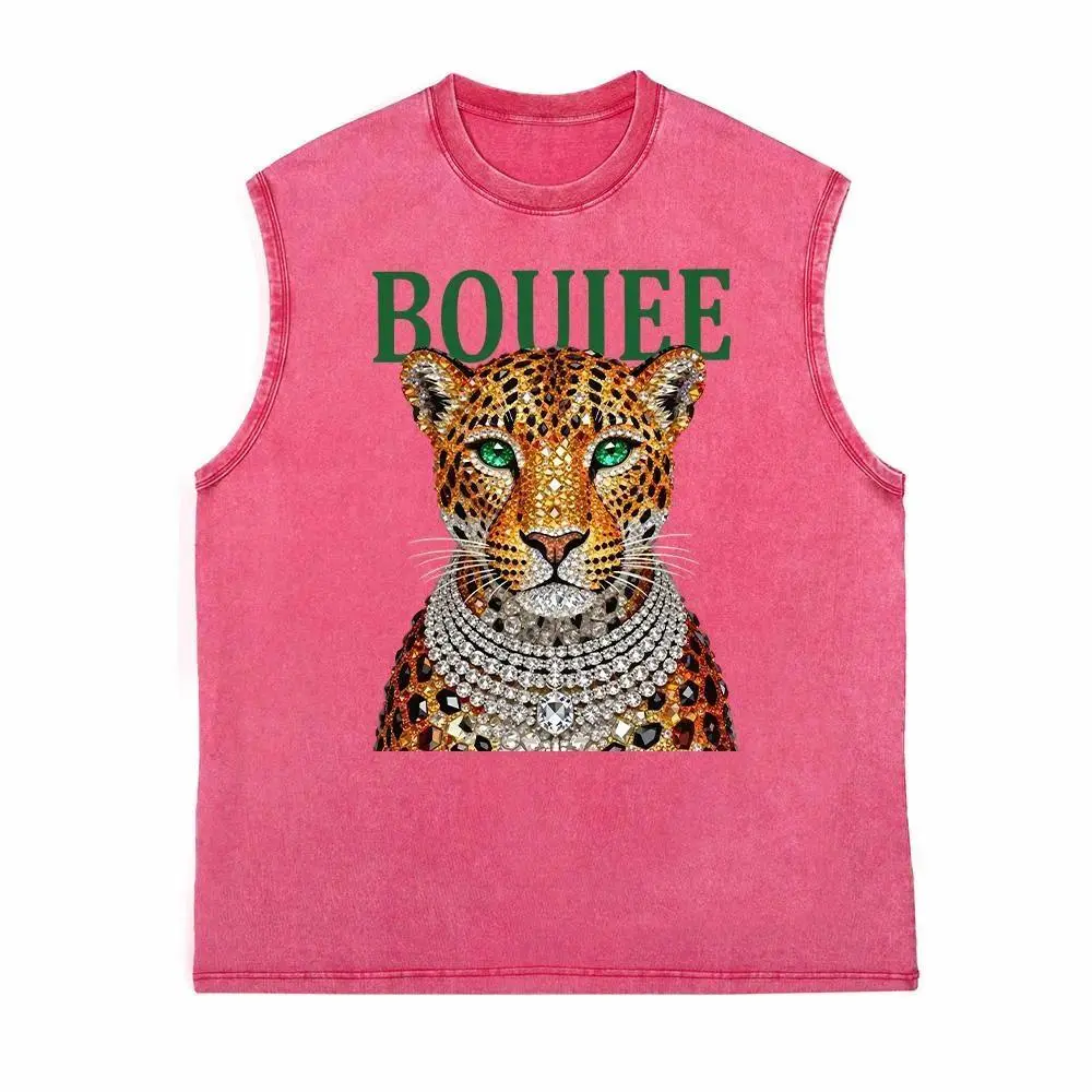 Retro Leopard-Print Sleeveless Tank Top, 230G Washed Cotton Graphic Top with Faux-Rhinestone Leopard-Head Heat-Transfer Print, Pink Casual Loose-Fitting Streetwear and Back-to-School Outfit, Runs Large