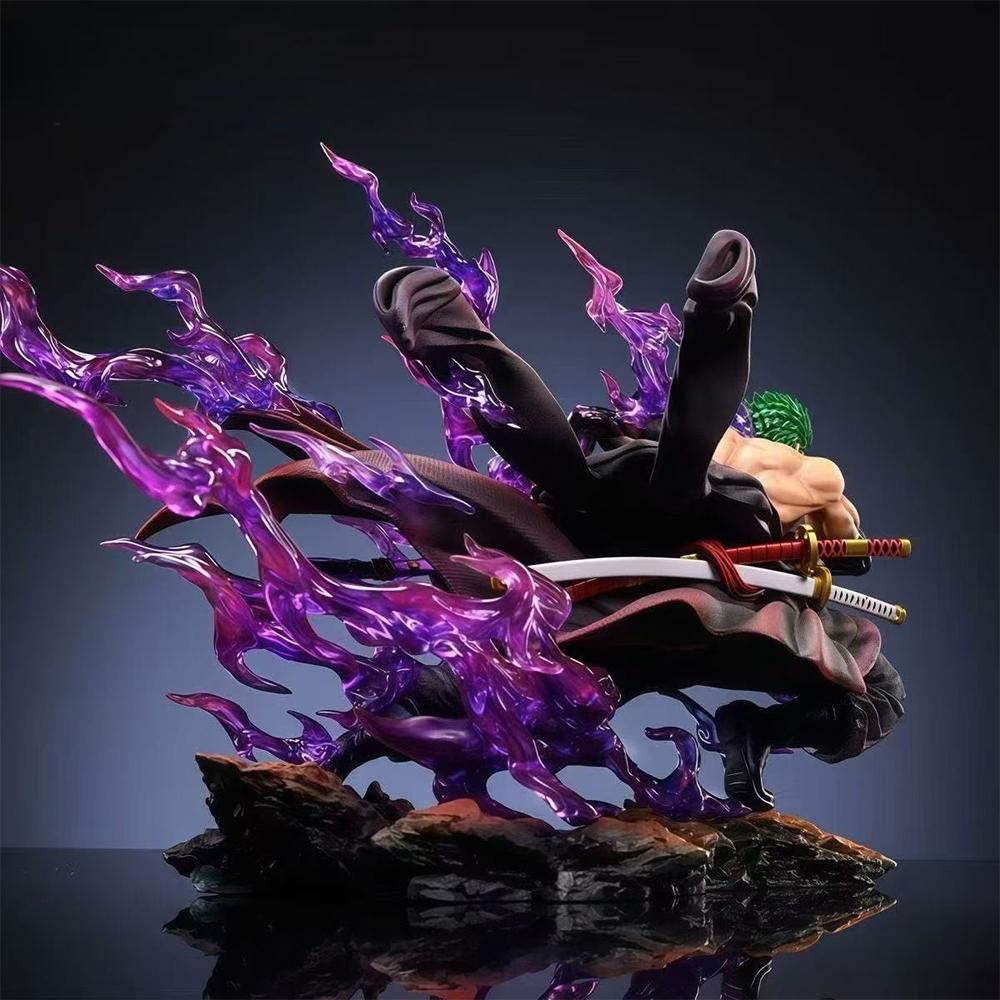 One Piece Roronoa Zoro Figure, Enma Haki Battle Scene, Purple Flame Effect Statue, Anime Model Decor，Drift Rock Base, Desktop Decor Figurine