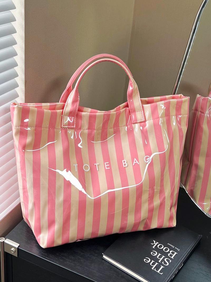 Valentine's Day New Sweet Fresh Stripe Tote Bag, Shiny PVC Large Capacity Commuter Bag, Casual Trendy Bag, Perfect for Spring Summer Shopping