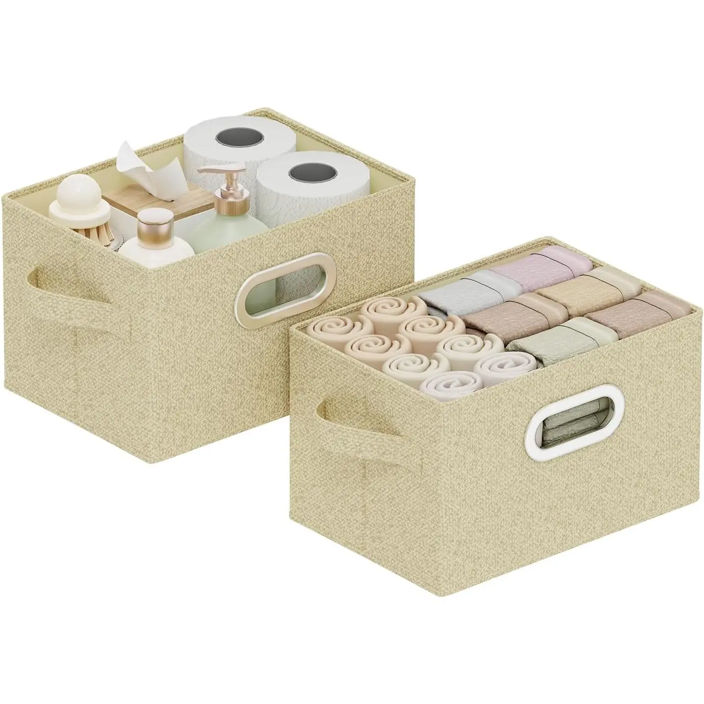 Storage Bins with Metal Grips,Grey and Beige,10.2x7.9x6.7in,2 Pack | Fabric Storage Baskets with Soft Cloth Handles,Thick PP Panel Wardrobe Containers,Wipeable Open Boxes for Closet Shelves