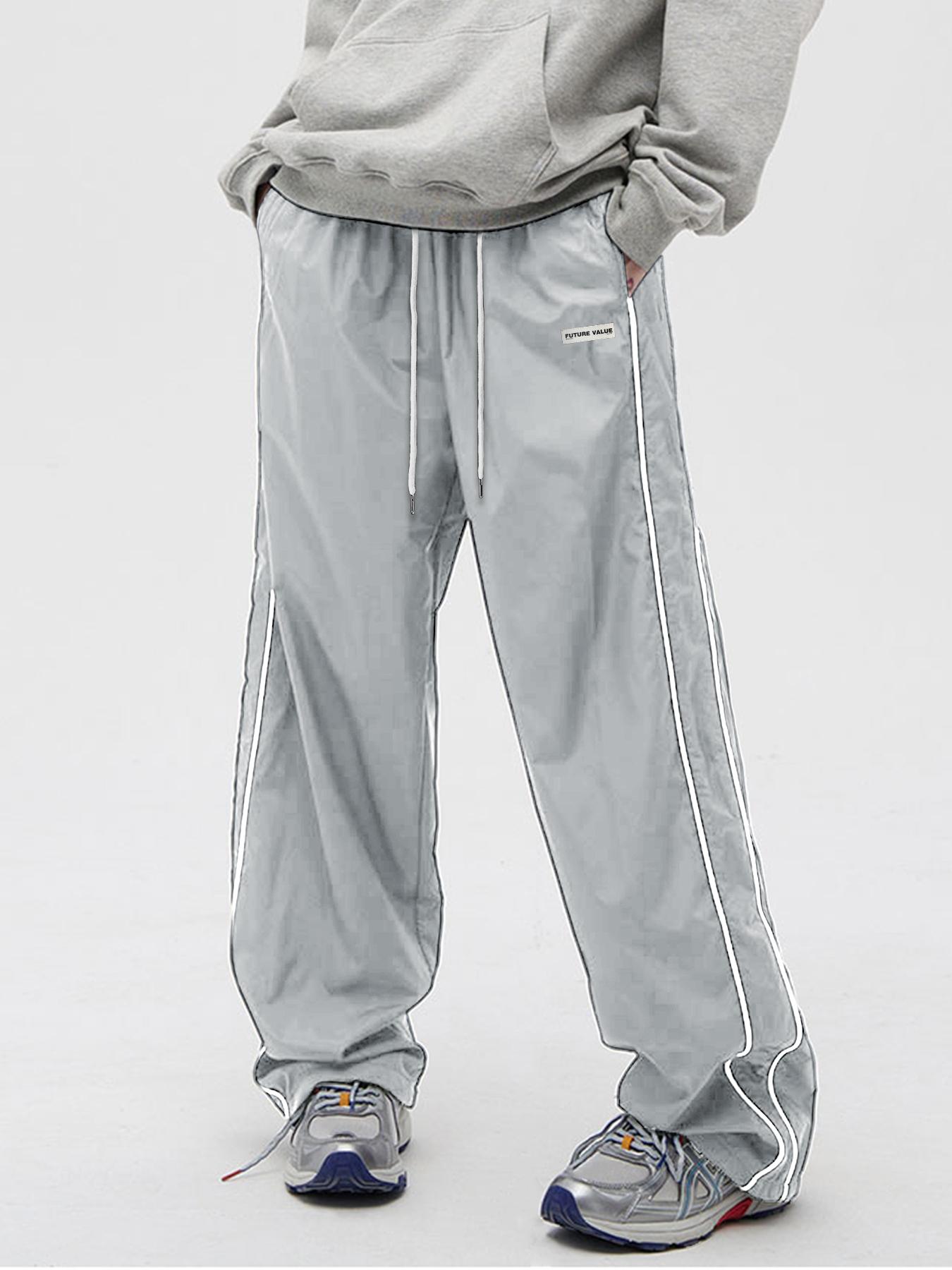 Men's Side Stripe Drawstring Waist Straight Leg Pants, Casual Pocket Letter Patched Trousers for Fall & Winter, Loose Menswear, Drippy Outfits