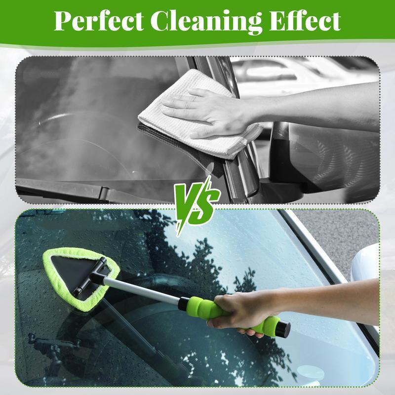 Car Window Cleaning Tool Set, Microfiber Car Glass Cleaner, Includes 4 Reusable Washable Cloths & Extendable Handle, Automotive Care Kit